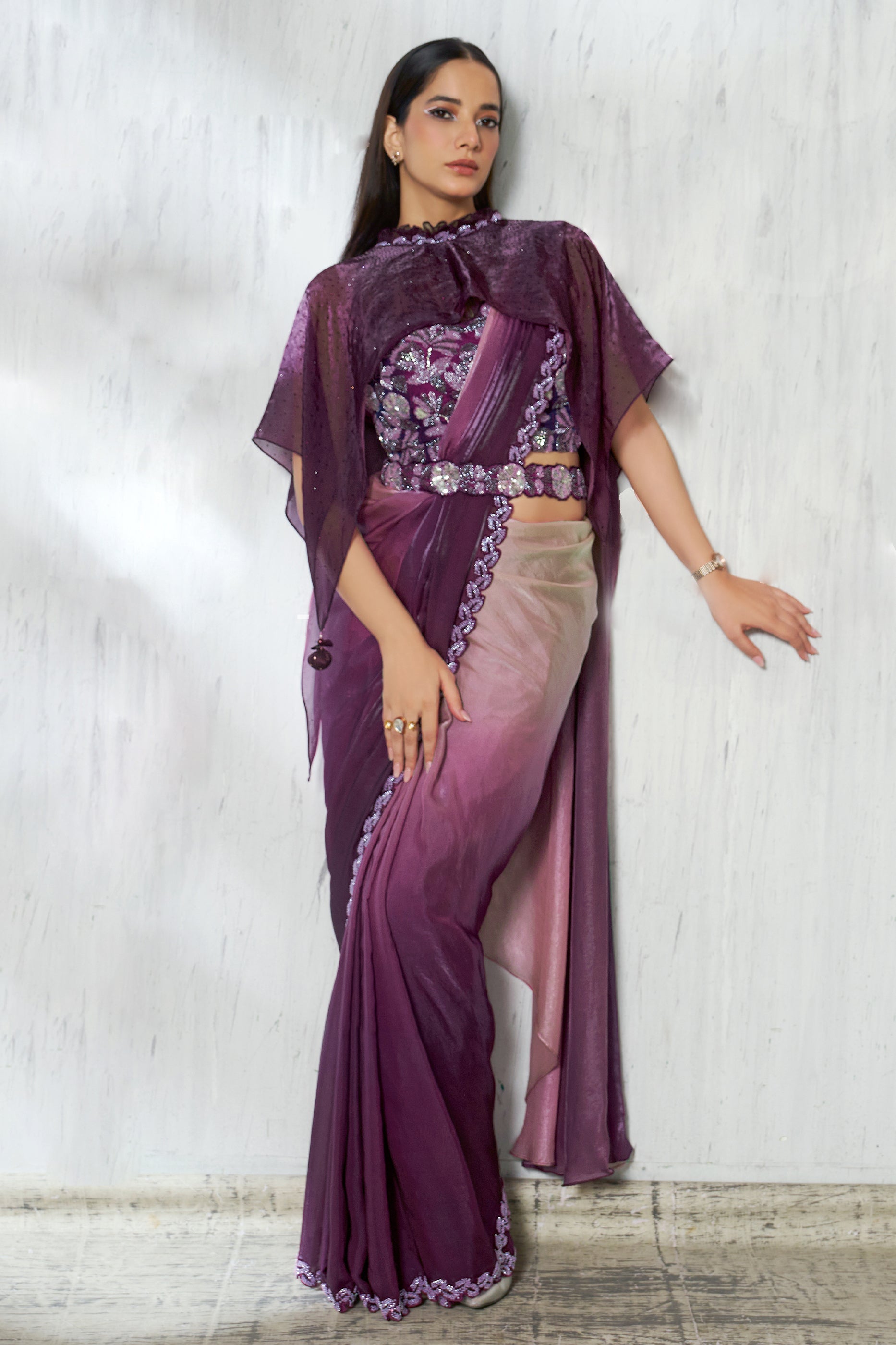 2-Tone Purple Satin Silk Readymade Saree-SAR11133_3_SareeButa.com