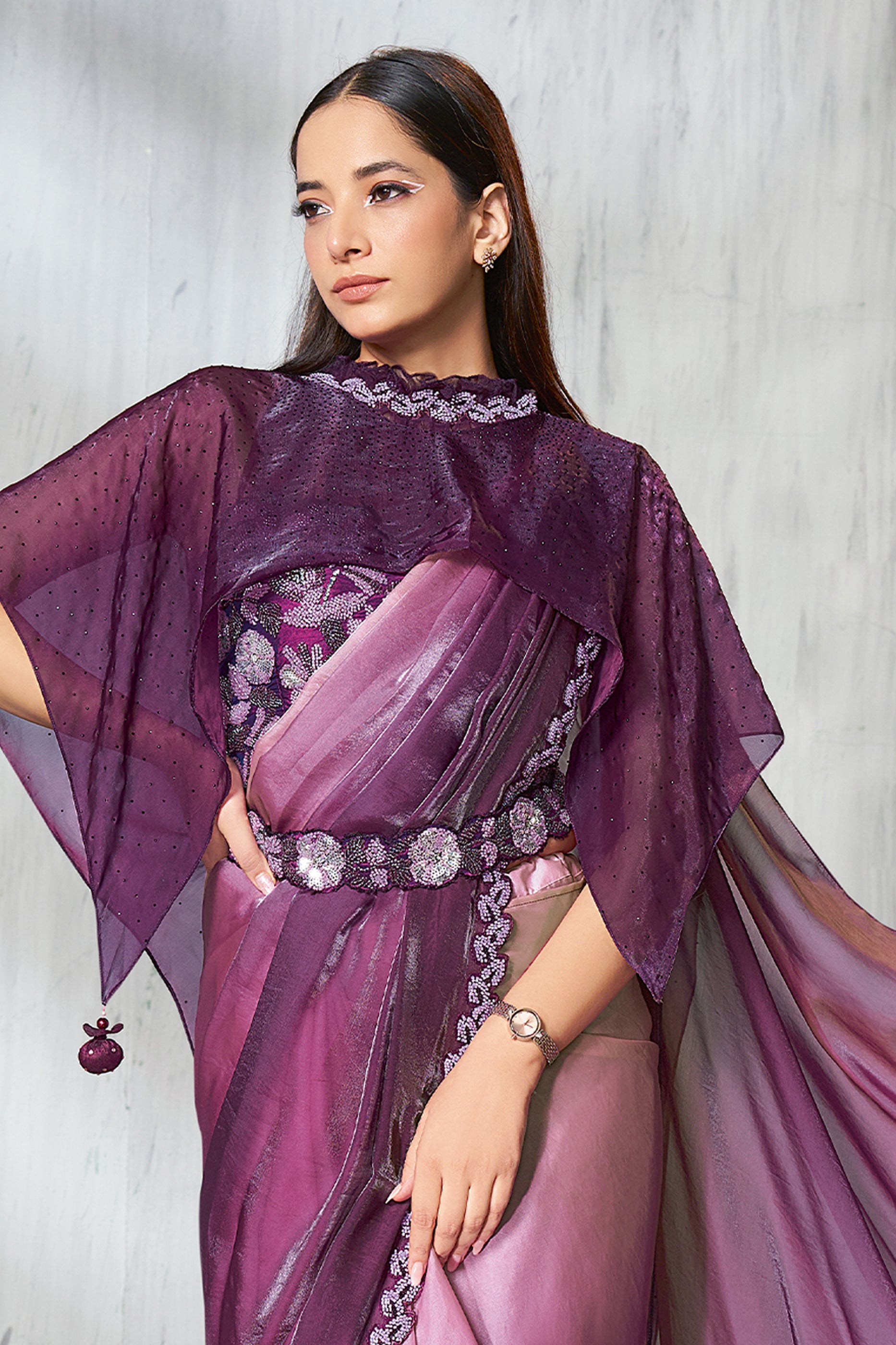 2-Tone Purple Satin Silk Readymade Saree-SAR11133_4_SareeButa.com
