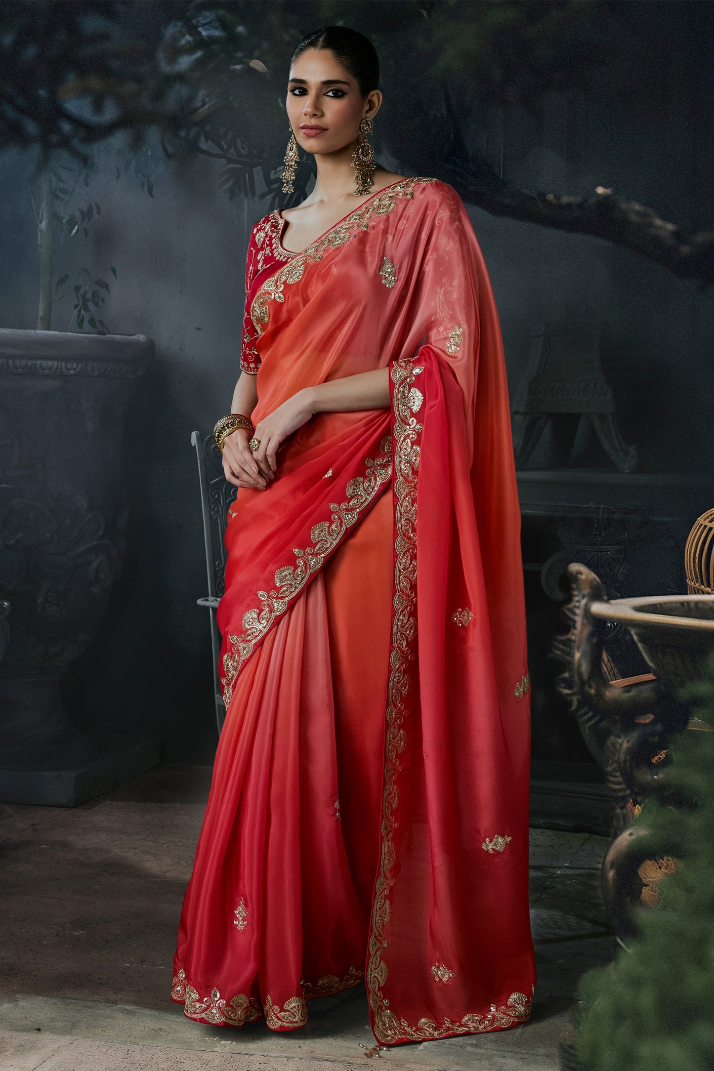 2-Tone Red Embroidered Tissue Organza Saree-SAR13110_1_SareeButa.com