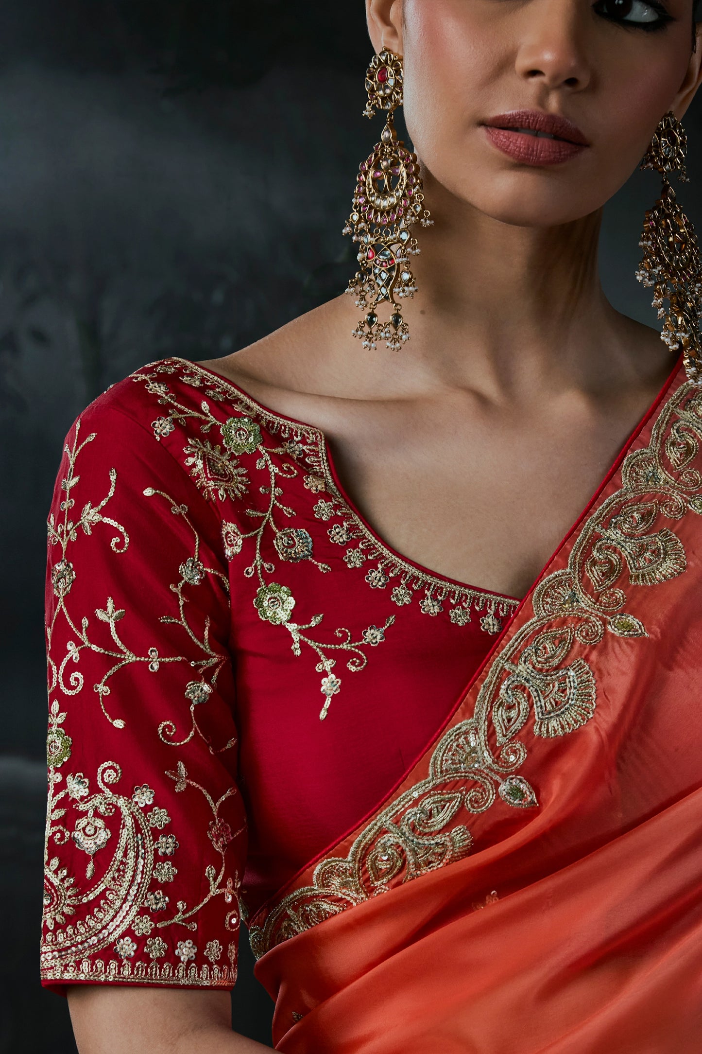 2-Tone Red Embroidered Tissue Organza Saree-SAR13110_3_SareeButa.com