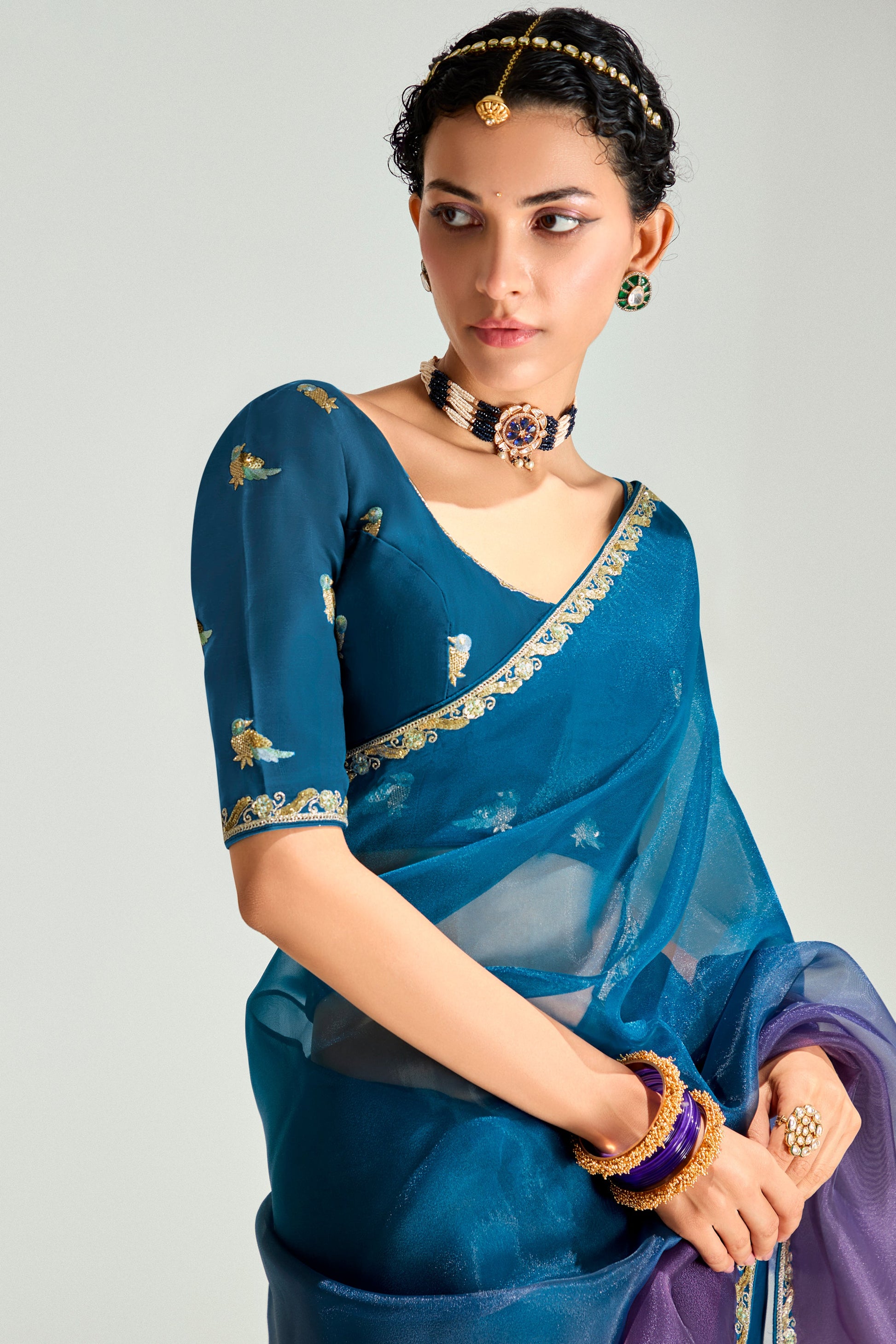 2-Tone Teal Organza Tissue Saree-ZB134890_2_SareeButa.com