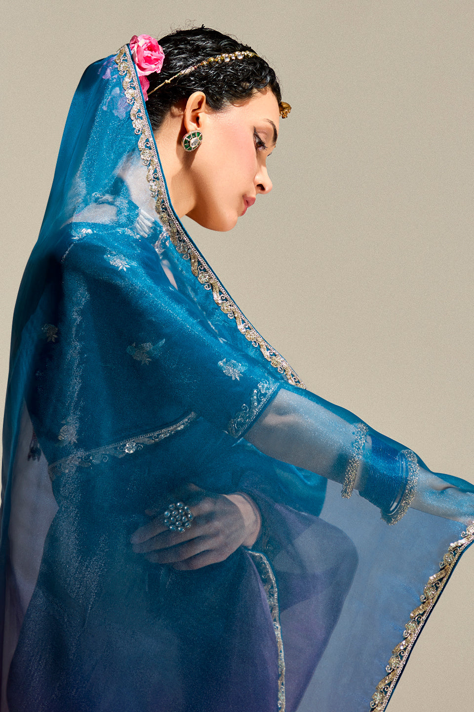 2-Tone Teal Organza Tissue Saree-ZB134890_4_SareeButa.com