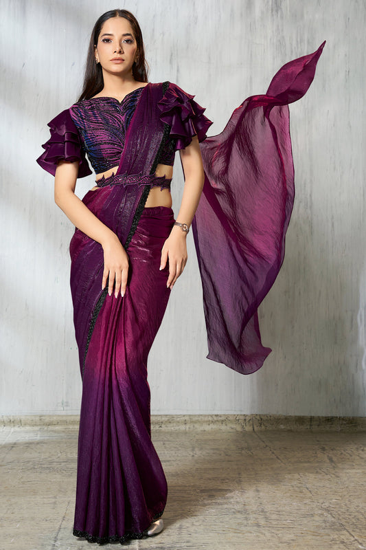 2-Tone Wine Satin Silk Readymade Saree-SAR11129_1_SareeButa.com