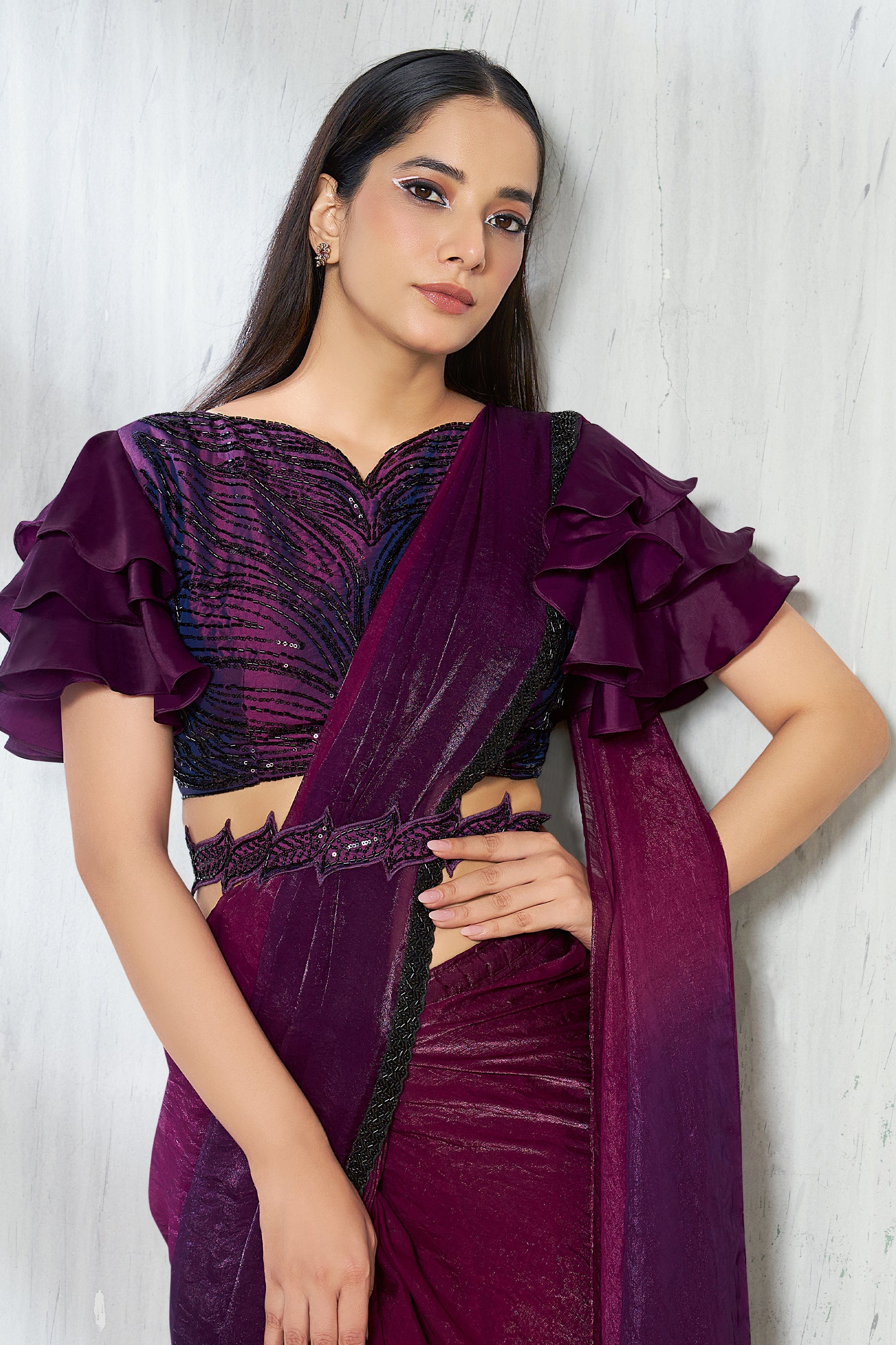 2-Tone Wine Satin Silk Readymade Saree-SAR11129_2_SareeButa.com