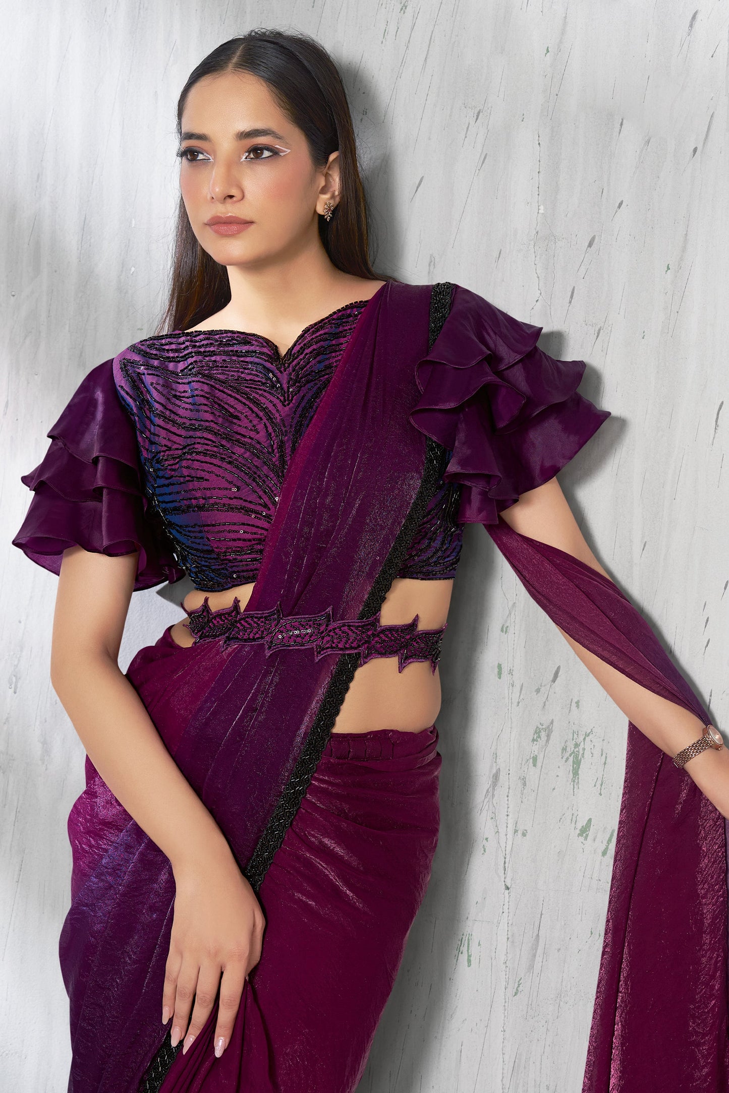 2-Tone Wine Satin Silk Readymade Saree-SAR11129_3_SareeButa.com