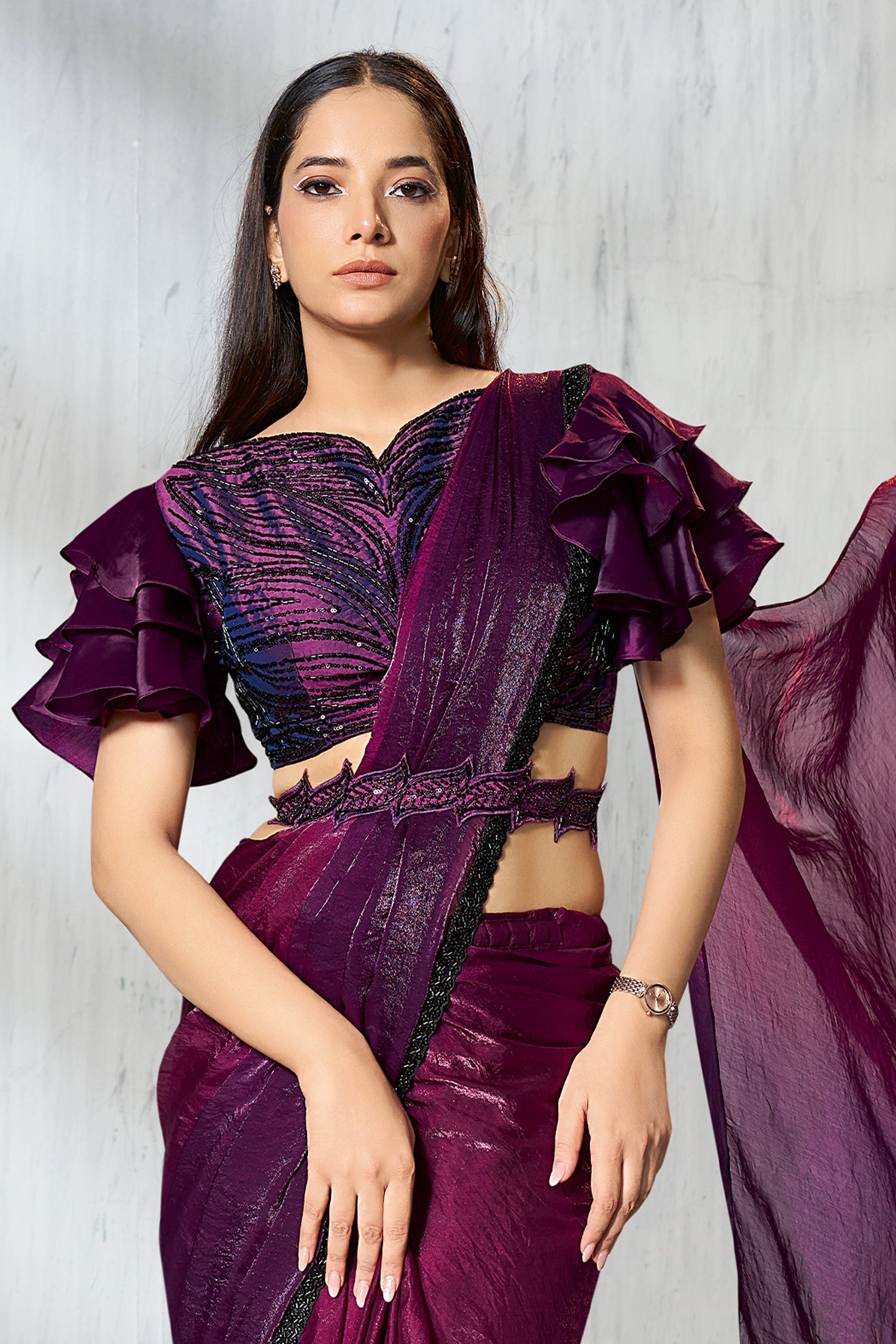 2-Tone Wine Satin Silk Readymade Saree-SAR11129_4_SareeButa.com