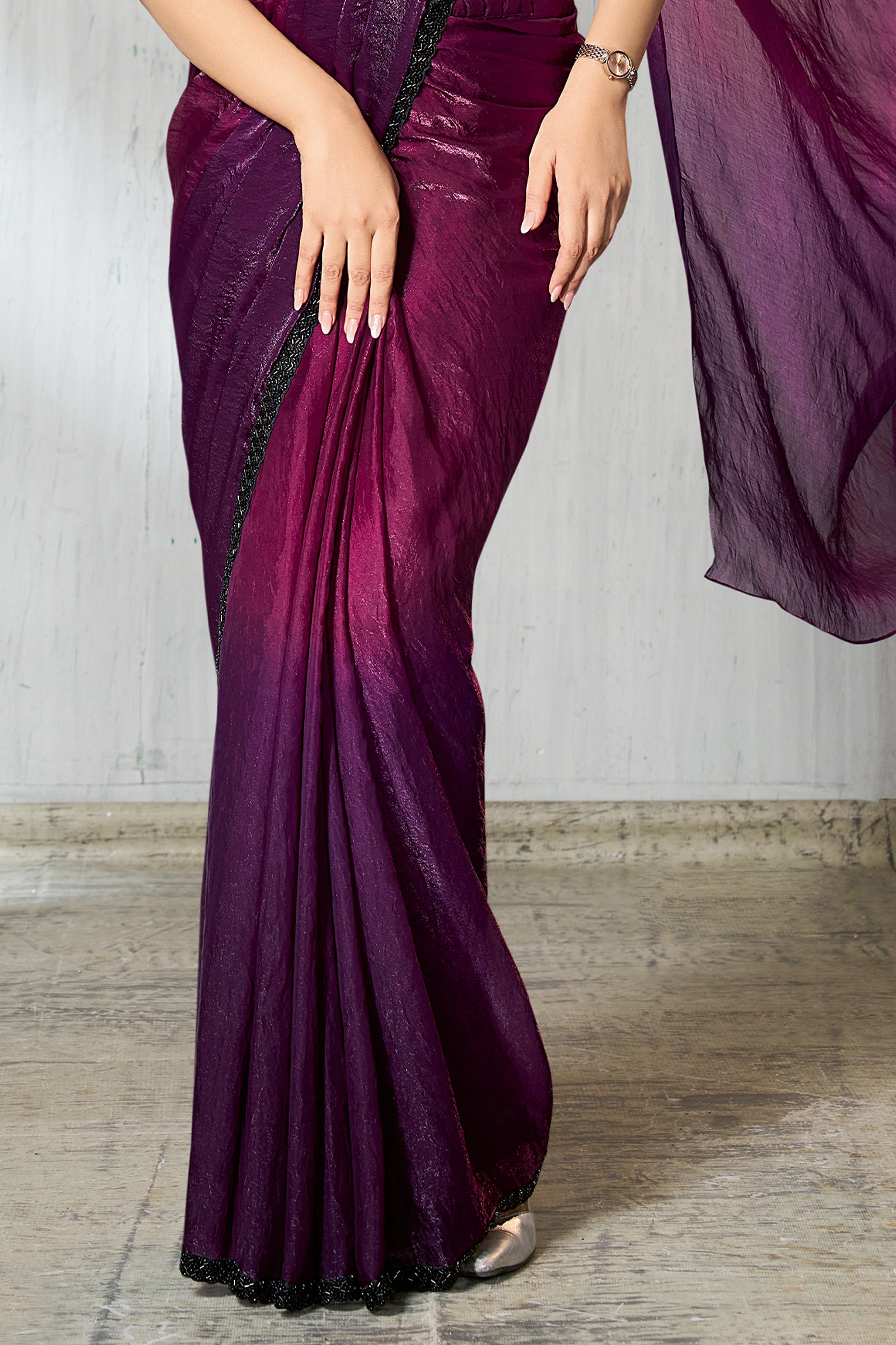 2-Tone Wine Satin Silk Readymade Saree-SAR11129_5_SareeButa.com