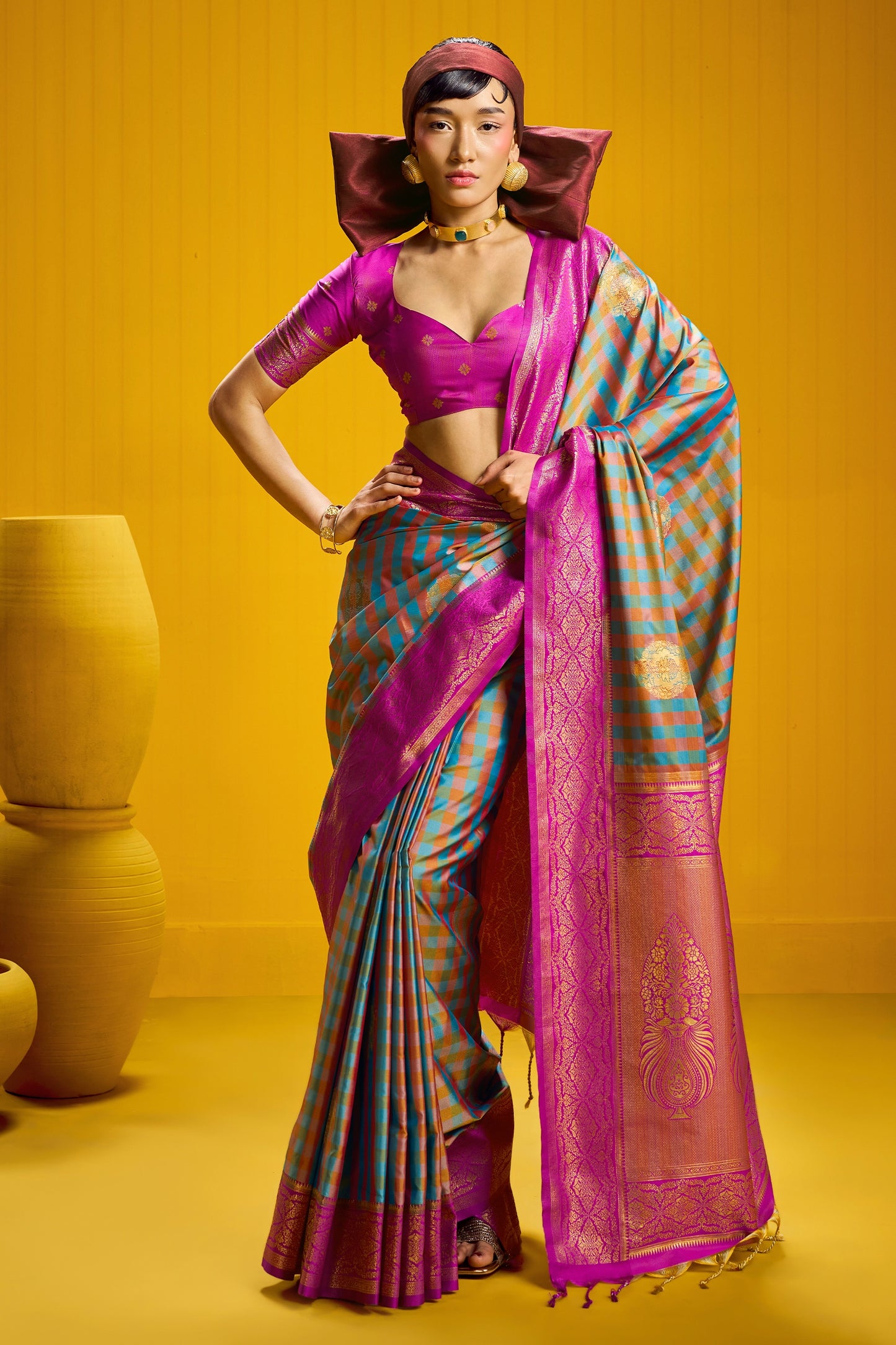 2-Tone Woven Checkered Silk Saree-SAR12341_1_SareeButa.com