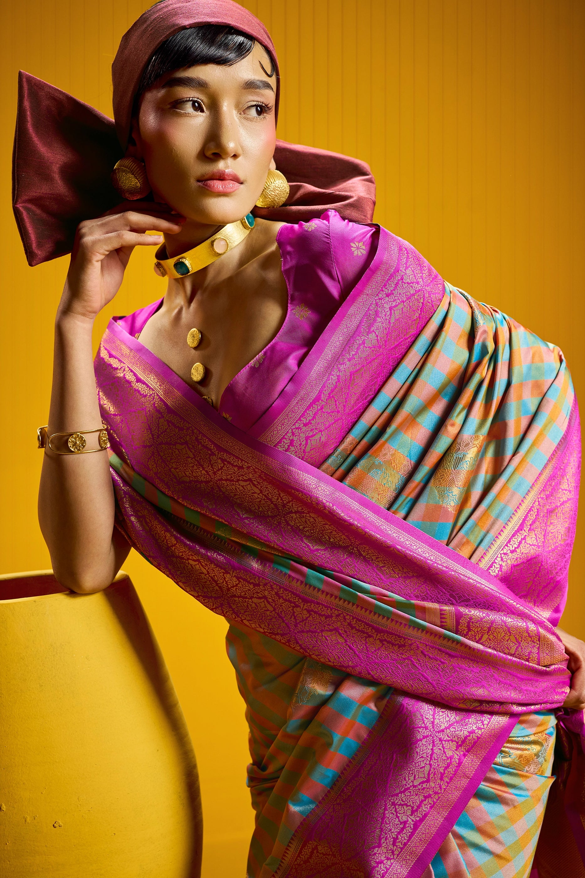 2-Tone Woven Checkered Silk Saree-SAR12341_2_SareeButa.com