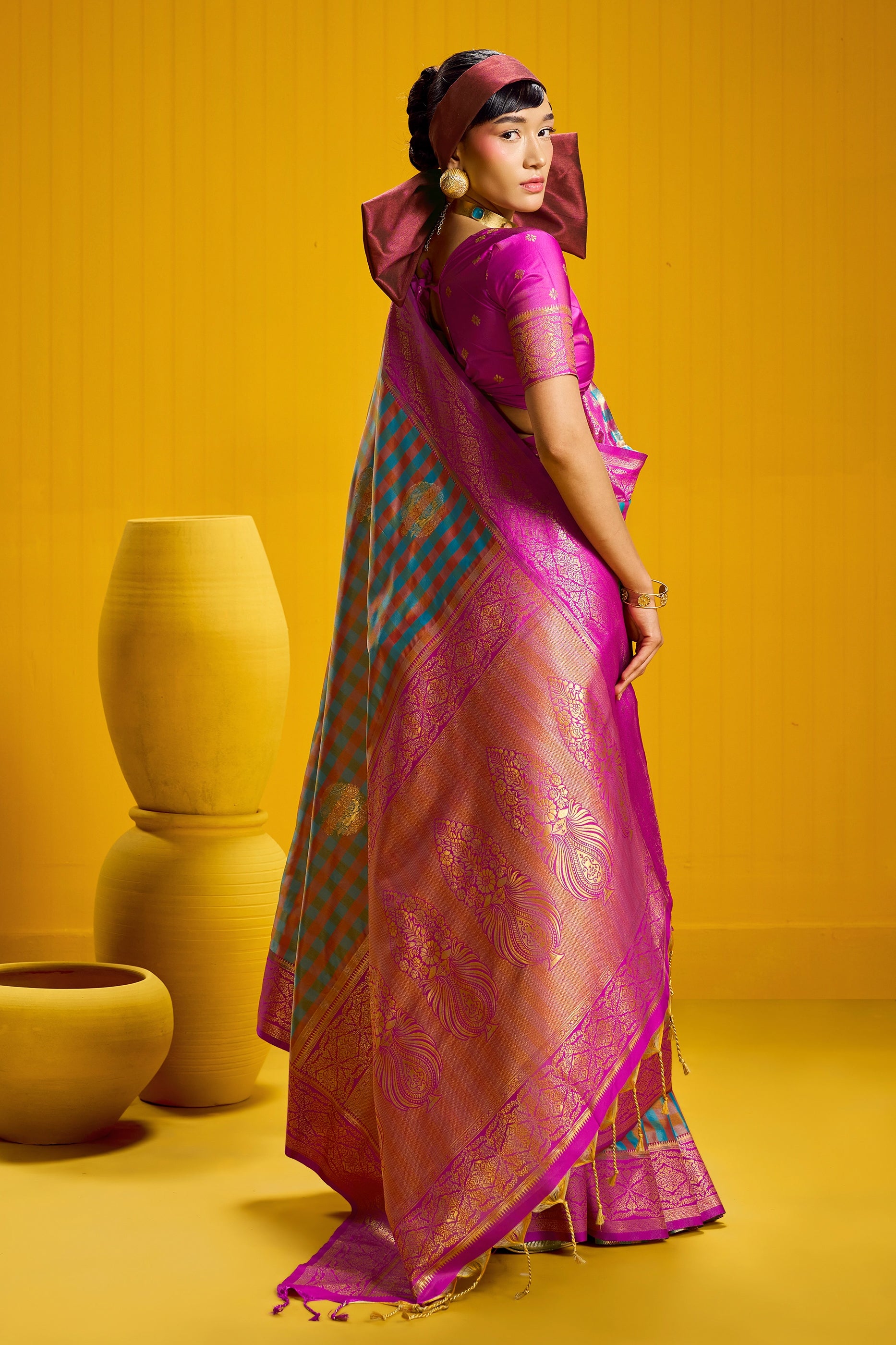 2-Tone Woven Checkered Silk Saree-SAR12341_3_SareeButa.com