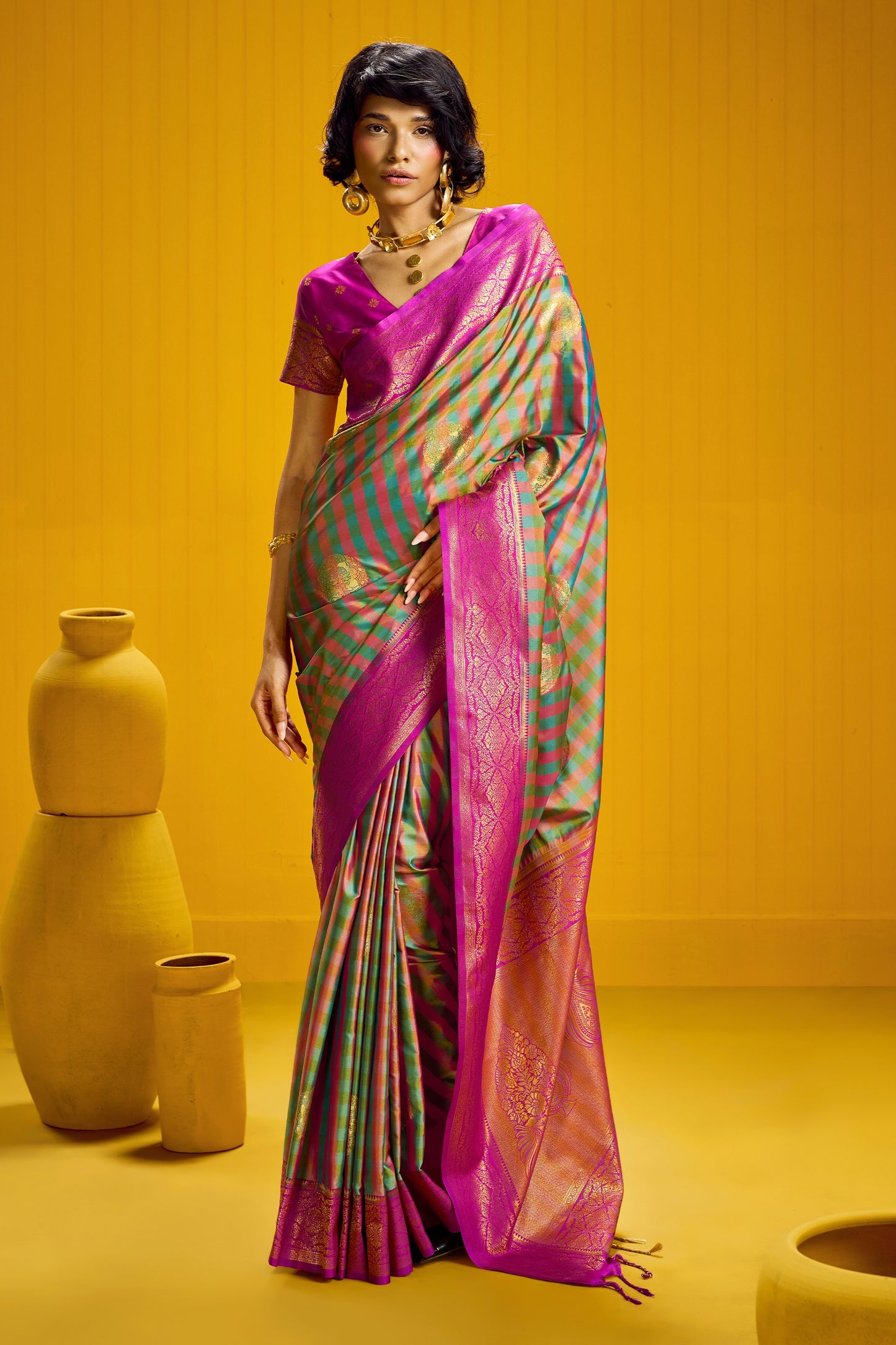 2-Tone Woven Checkered Silk Saree-SAR12342_1_SareeButa.com