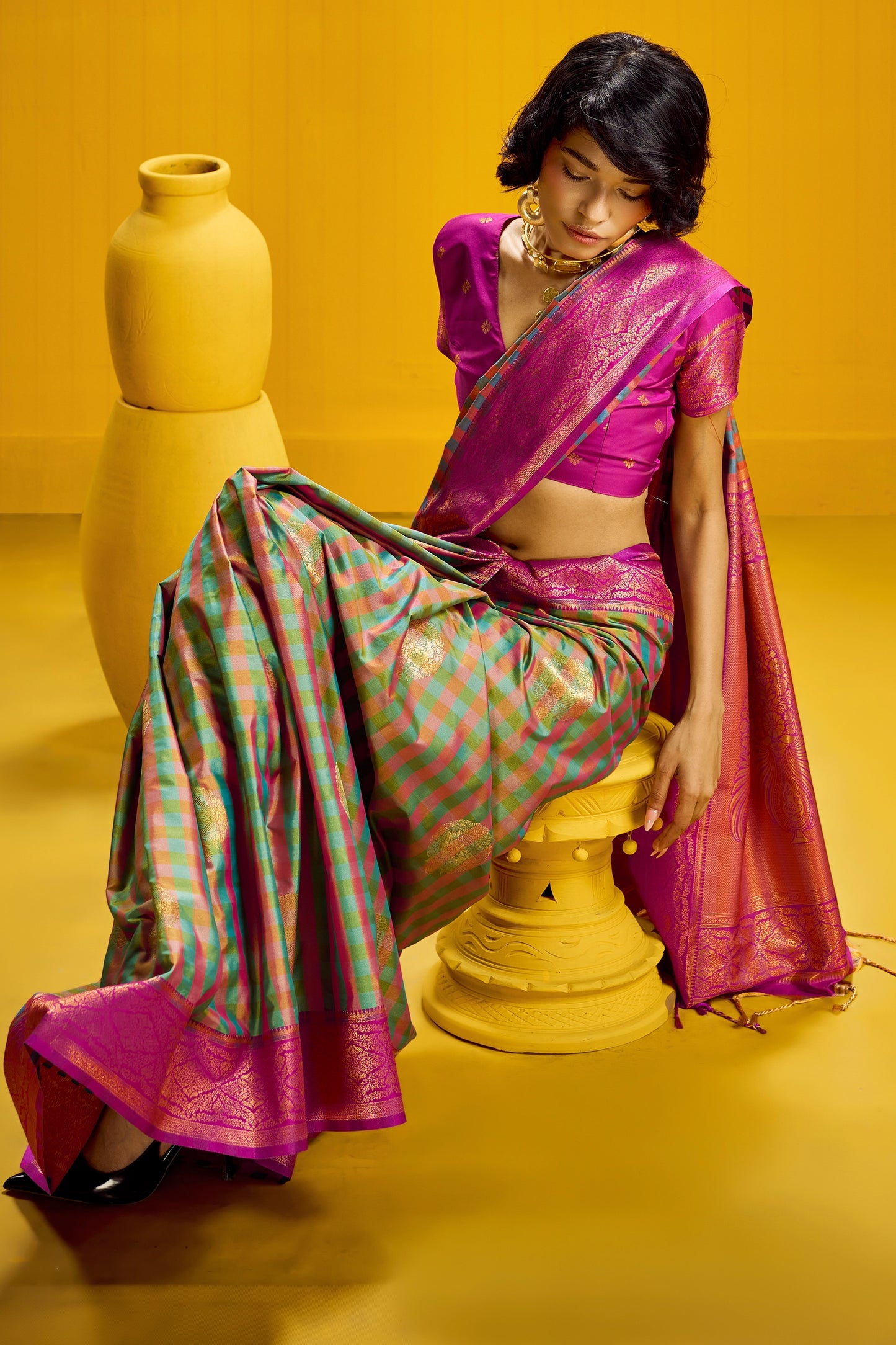 2-Tone Woven Checkered Silk Saree-SAR12342_2_SareeButa.com