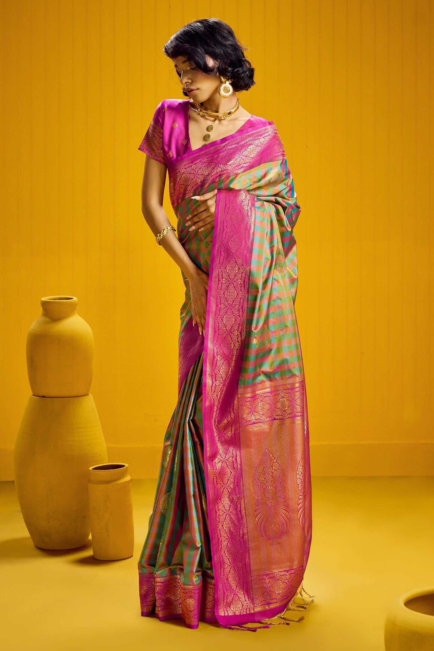 2-Tone Woven Checkered Silk Saree-SAR12342_3_SareeButa.com