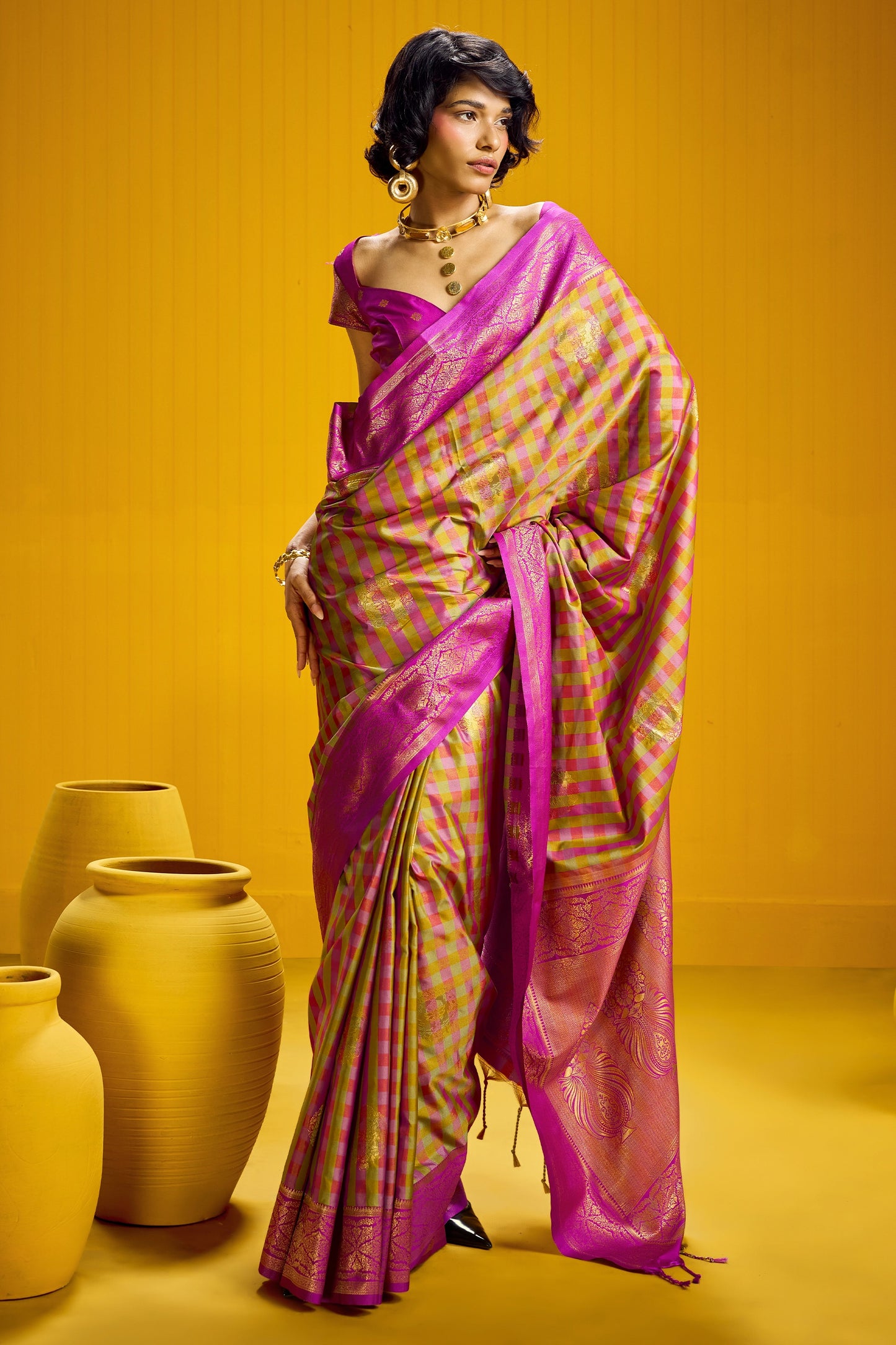 2-Tone Woven Checkered Silk Saree-SAR12343_1_SareeButa.com