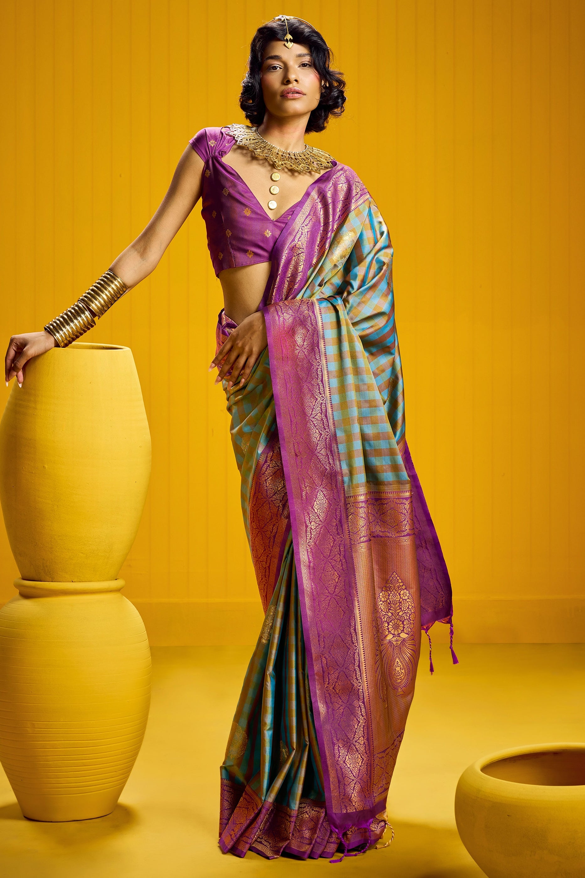 2-Tone Woven Checkered Silk Saree-SAR12344_1_SareeButa.com