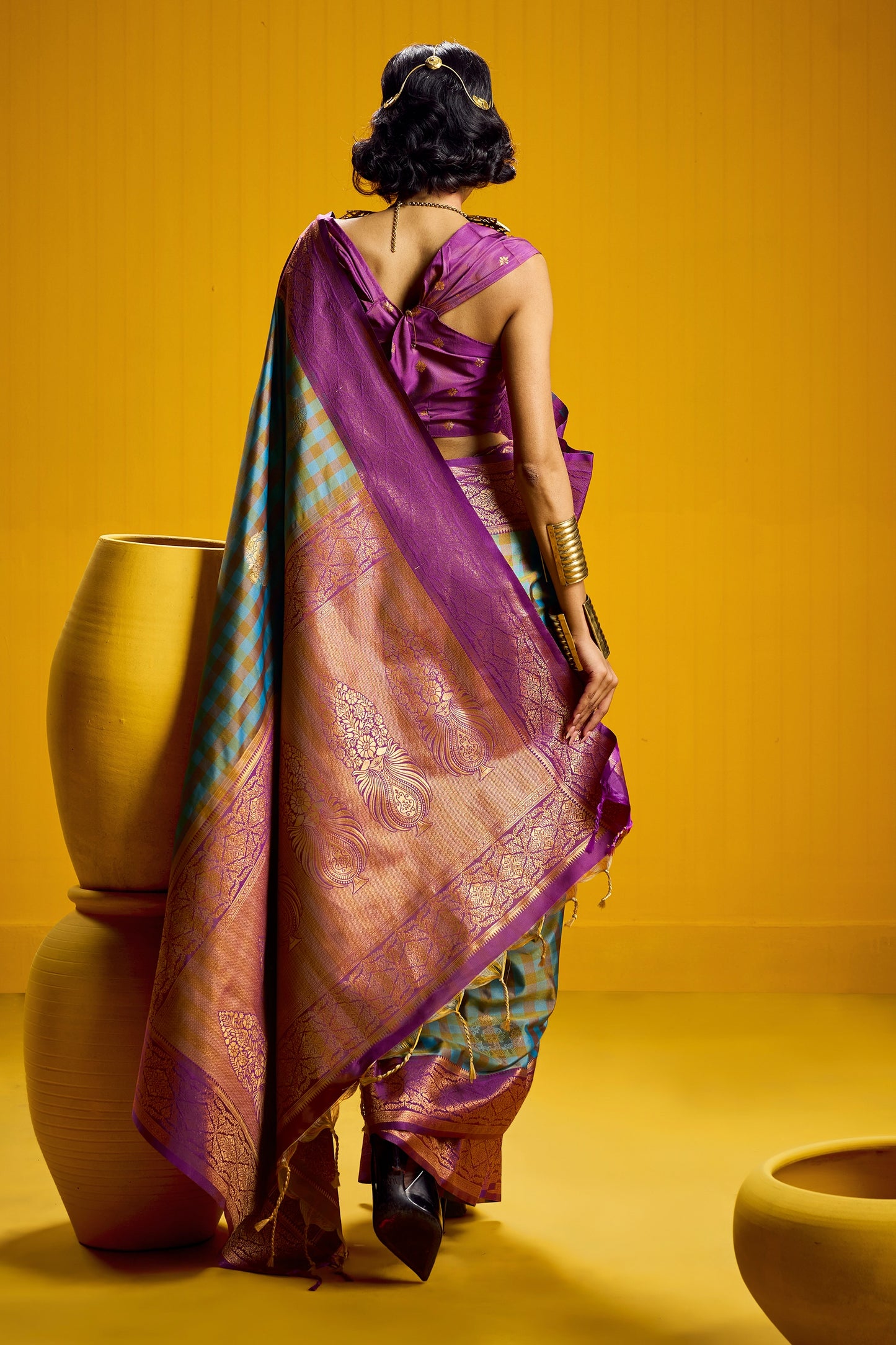 2-Tone Woven Checkered Silk Saree-SAR12344_3_SareeButa.com