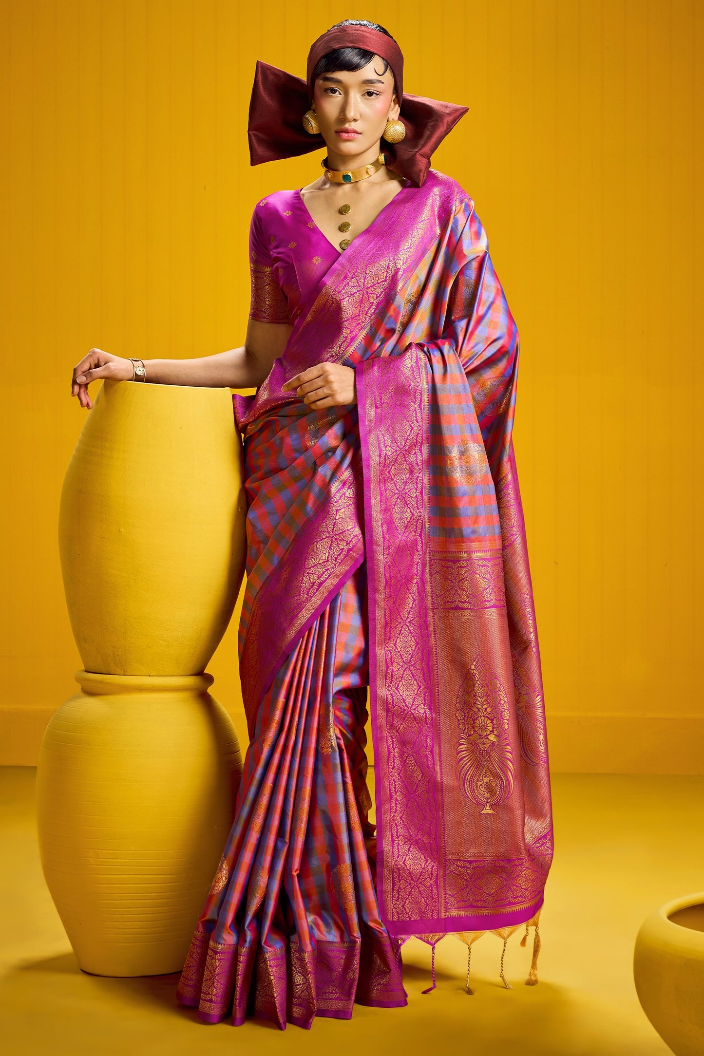 2-Tone Woven Checkered Silk Saree-SAR12345_1_SareeButa.com