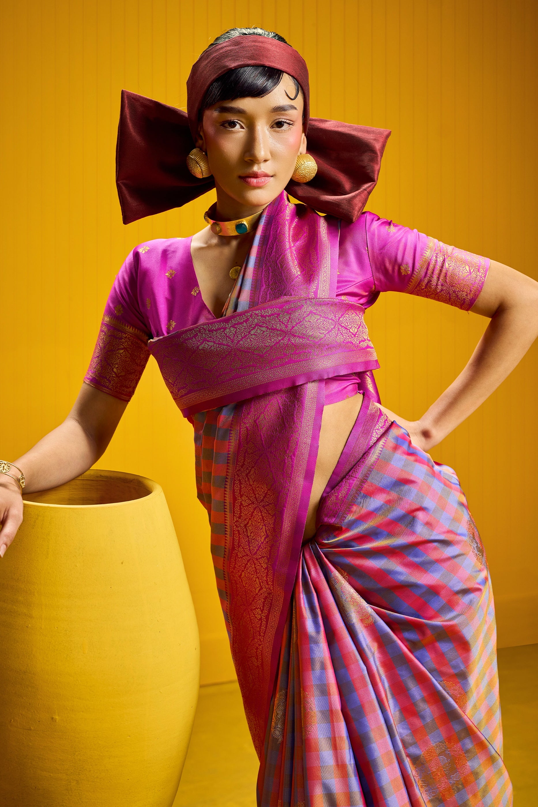 2-Tone Woven Checkered Silk Saree-SAR12345_2_SareeButa.com
