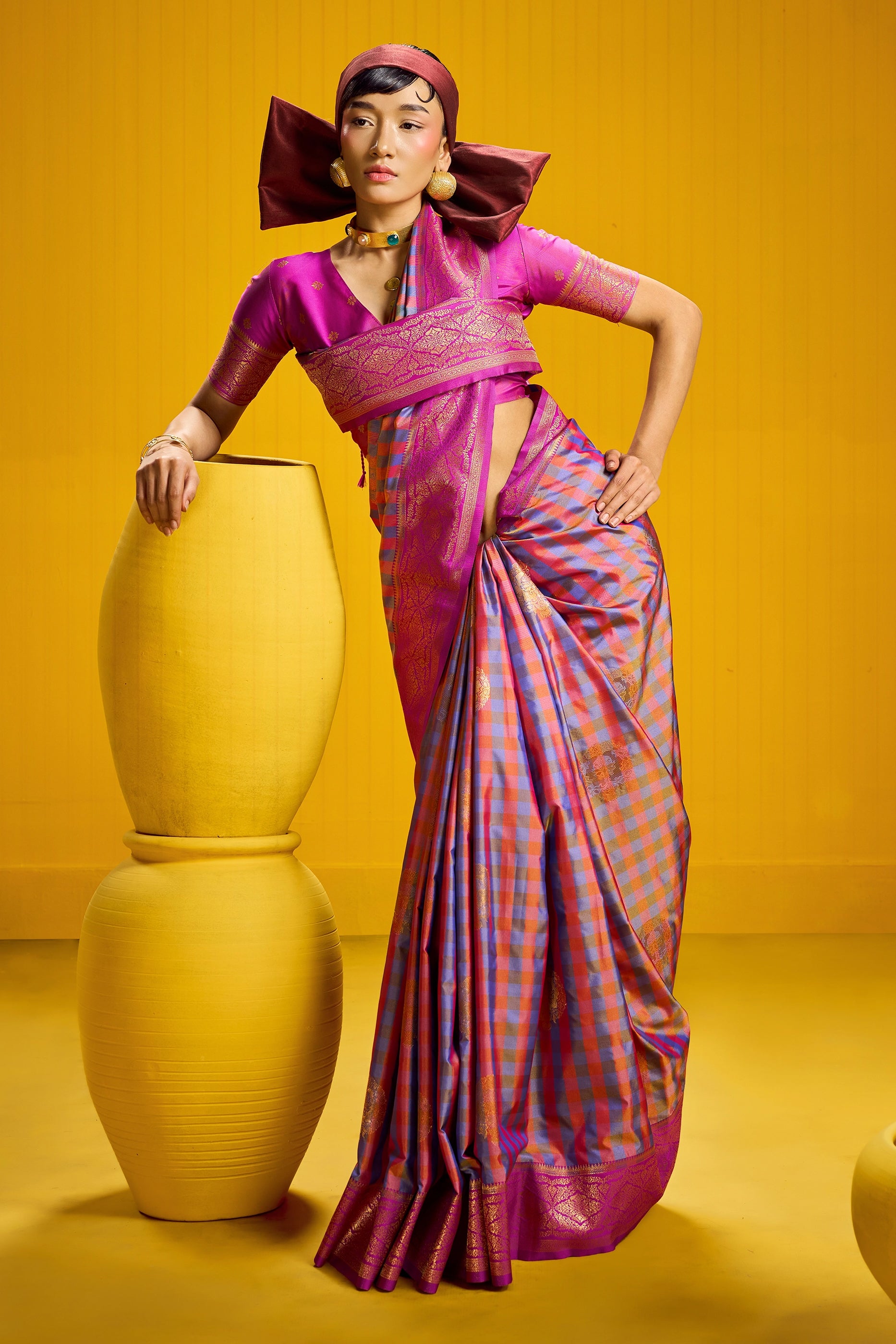 2-Tone Woven Checkered Silk Saree-SAR12345_3_SareeButa.com