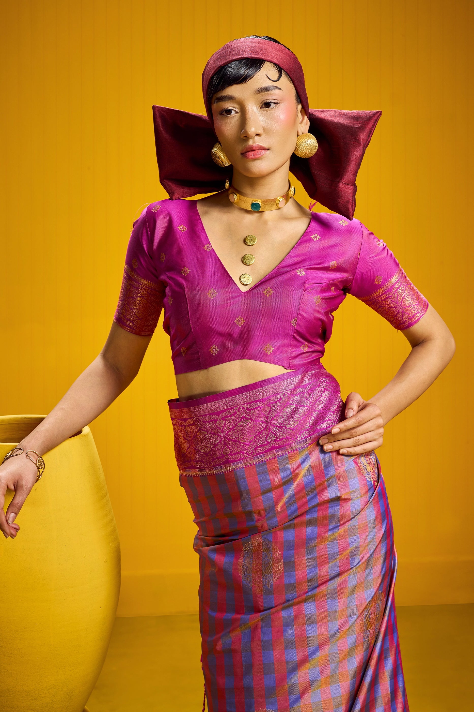 2-Tone Woven Checkered Silk Saree-SAR12345_5_SareeButa.com