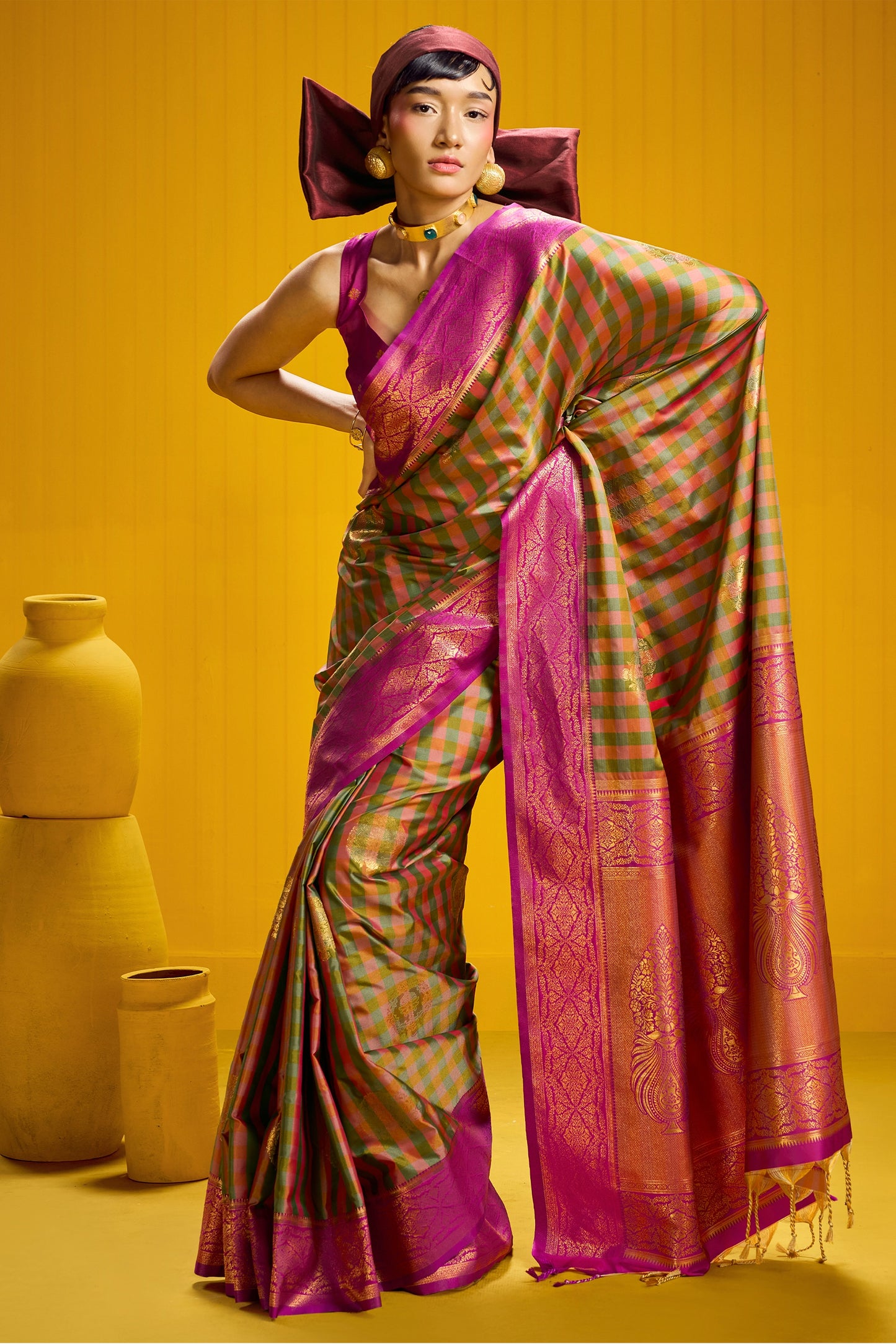 2-Tone Woven Checkered Silk Saree-SAR12346_1_SareeButa.com