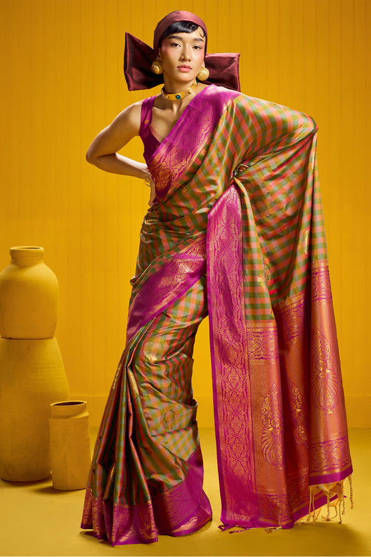 2-Tone Woven Checkered Silk Saree-SAR12346_1_SareeButa.com