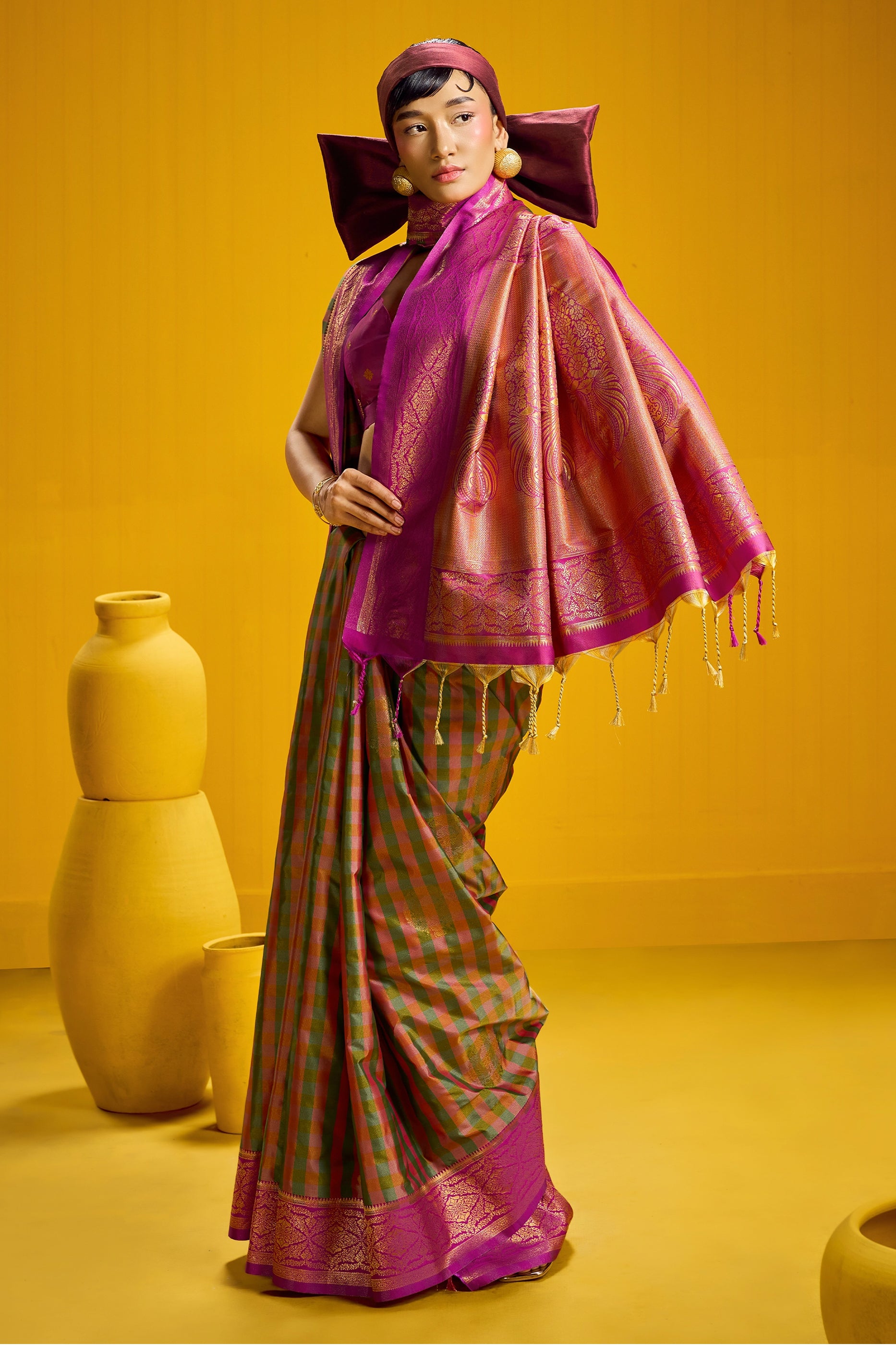 2-Tone Woven Checkered Silk Saree-SAR12346_2_SareeButa.com