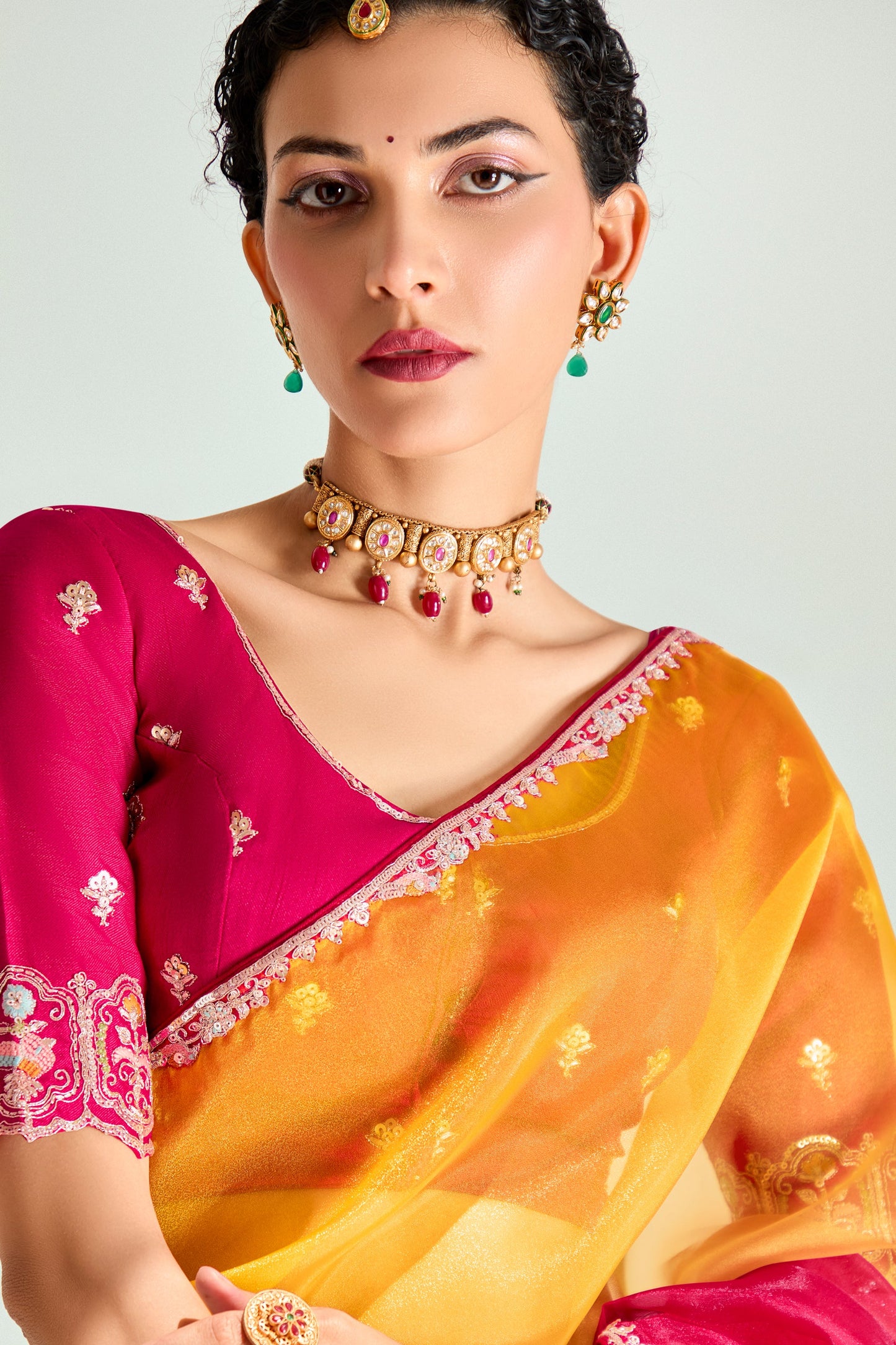 2-Tone Yellow Organza Tissue Saree-ZB134888_2_SareeButa.com