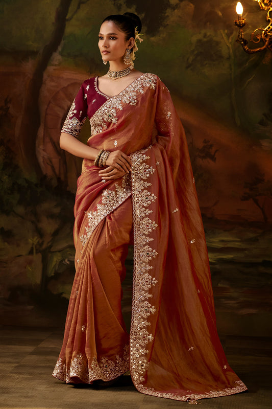 Amber Rust Embroidered Viscose Tissue Saree-SAR13252_1_SareeButa.com