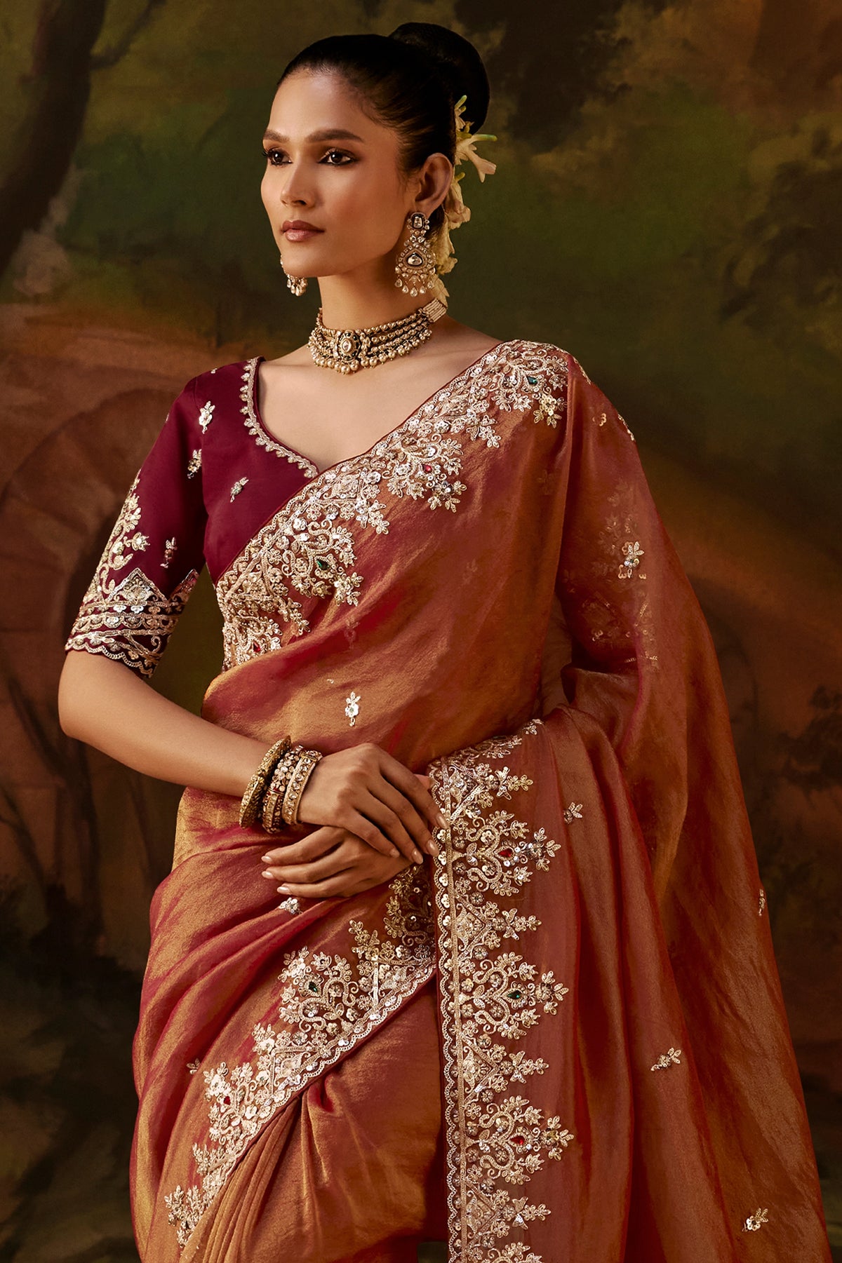 Amber Rust Embroidered Viscose Tissue Saree-SAR13252_3_SareeButa.com