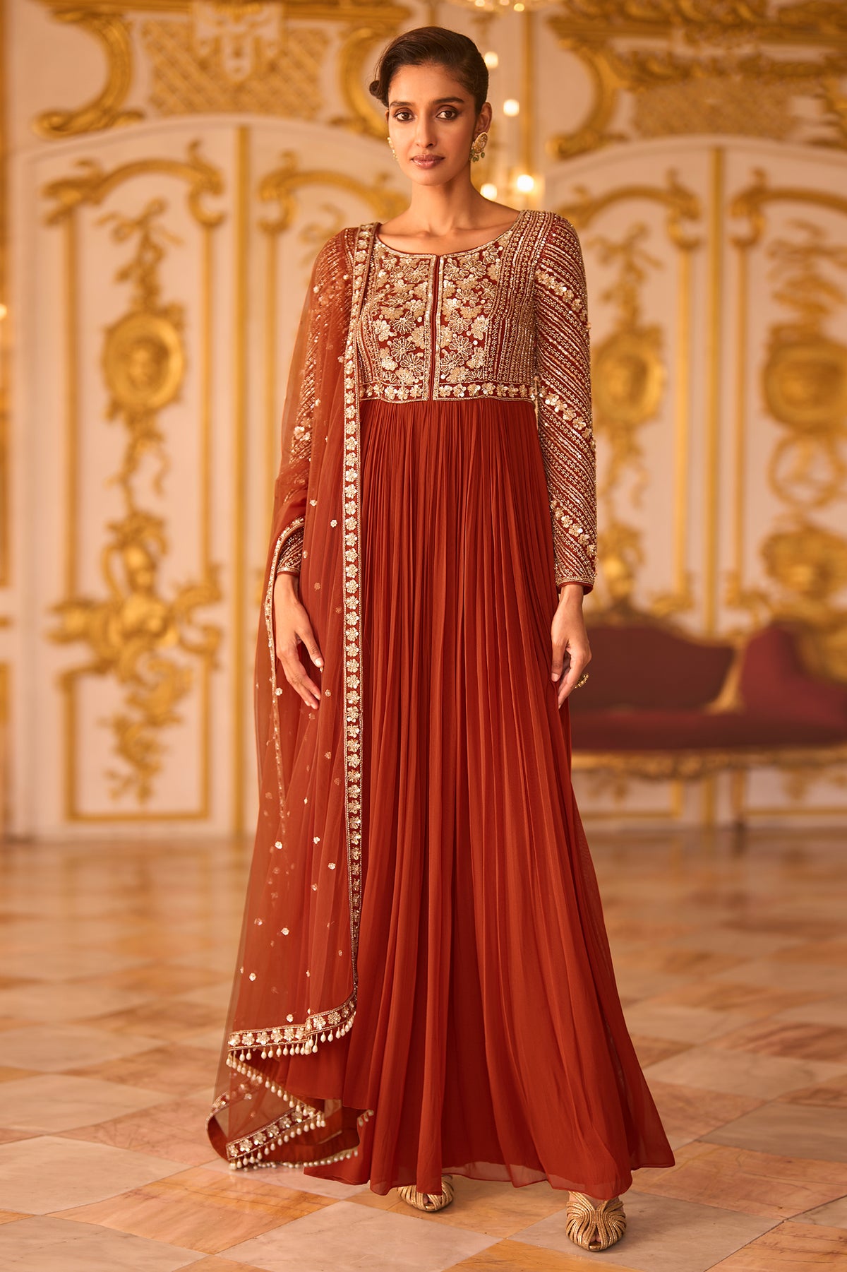 Amber Rust Readymade Georgette Gown With Dupatta-SAR13239_1_SareeButa.com