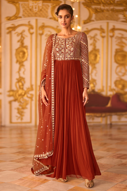 Amber Rust Readymade Georgette Gown With Dupatta-SAR13239_1_SareeButa.com