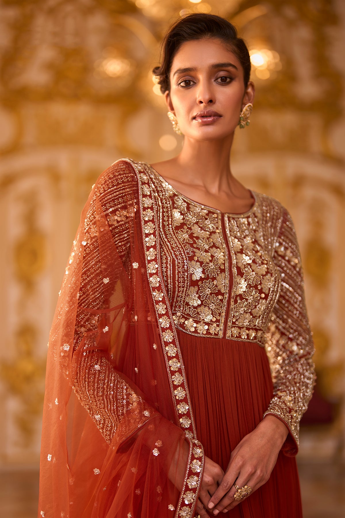 Amber Rust Readymade Georgette Gown With Dupatta-SAR13239_3_SareeButa.com