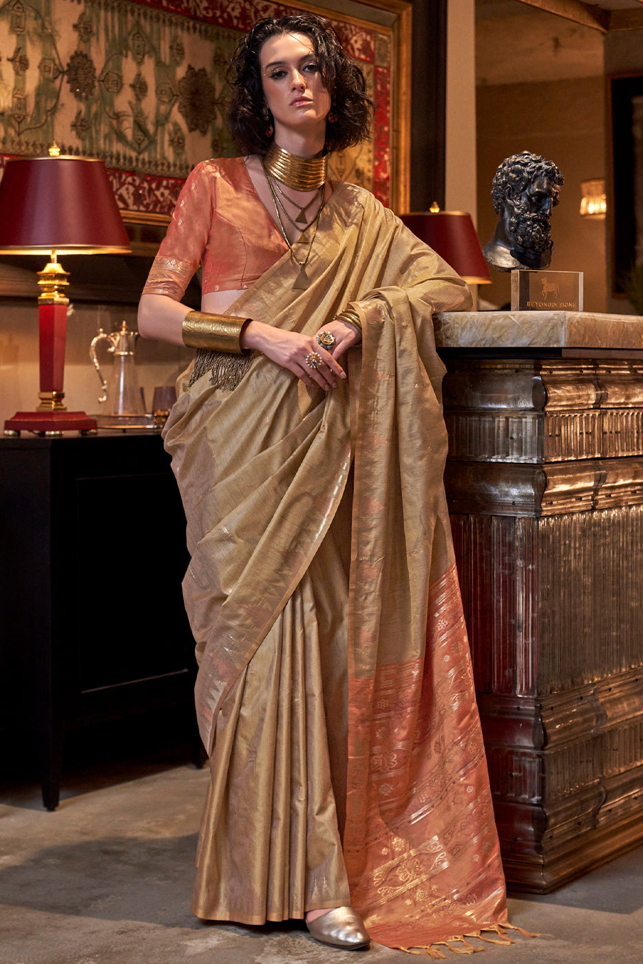 Antique Gold Woven Tussar Silk Saree-ZB133045_1_SareeButa.com