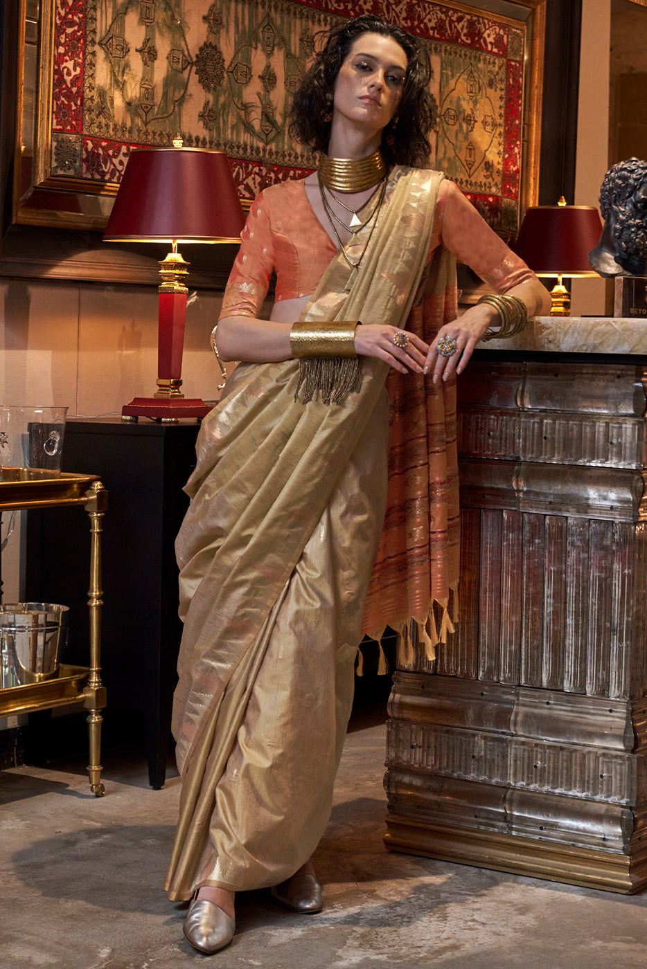 Antique Gold Woven Tussar Silk Saree-ZB133045_3_SareeButa.com