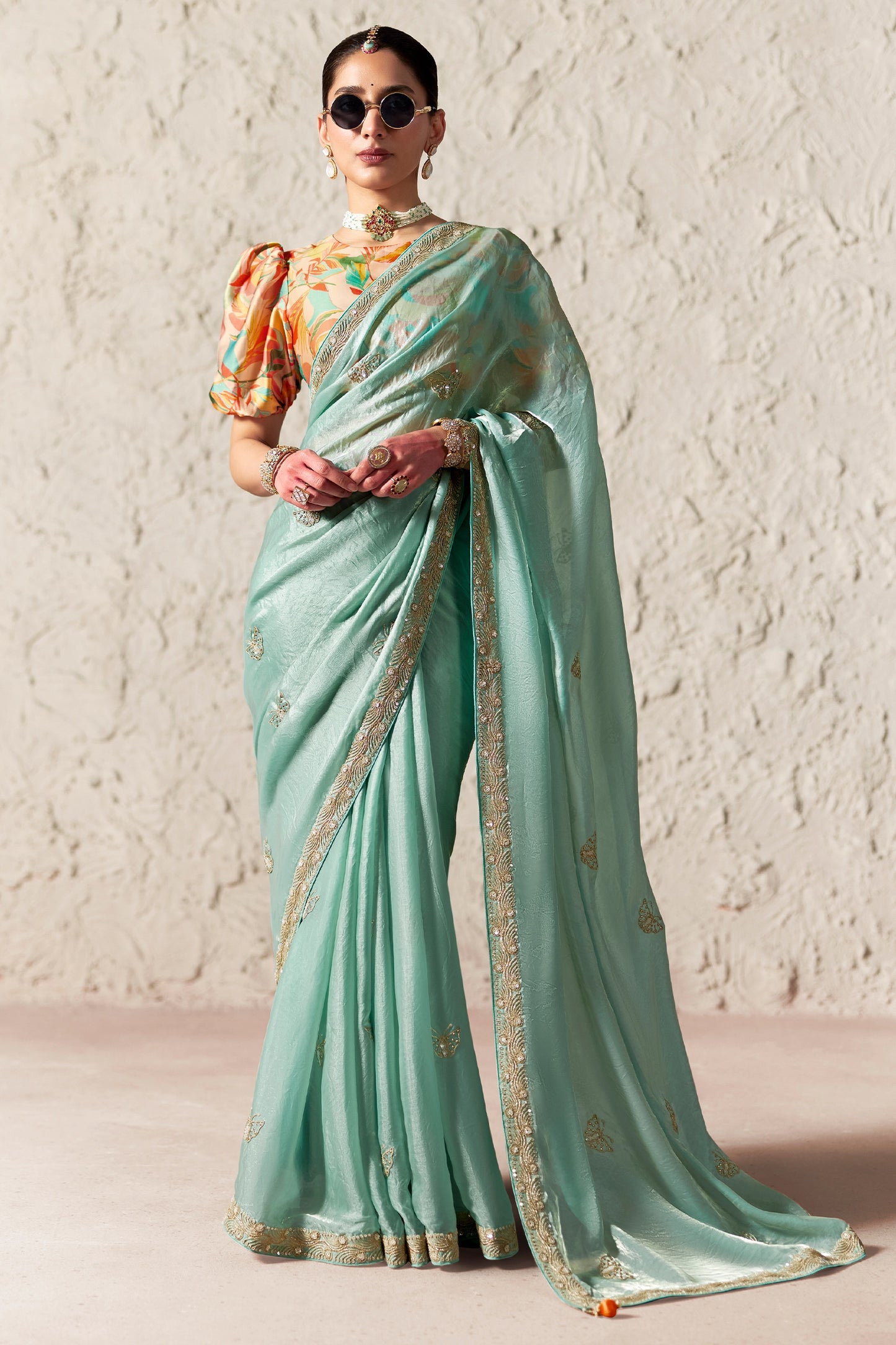 Aqua Blue Embroidered Tissue Organza Saree-SAR12787_1_SareeButa.com