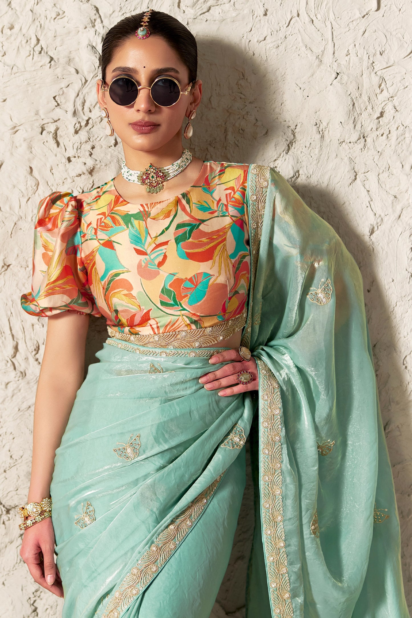 Aqua Blue Embroidered Tissue Organza Saree-SAR12787_2_SareeButa.com