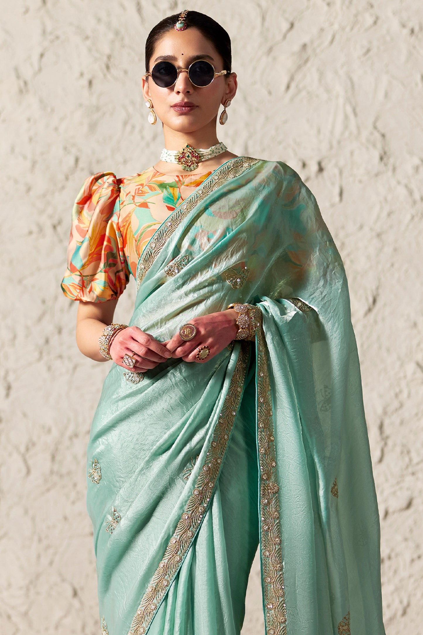 Aqua Blue Embroidered Tissue Organza Saree-SAR12787_3_SareeButa.com
