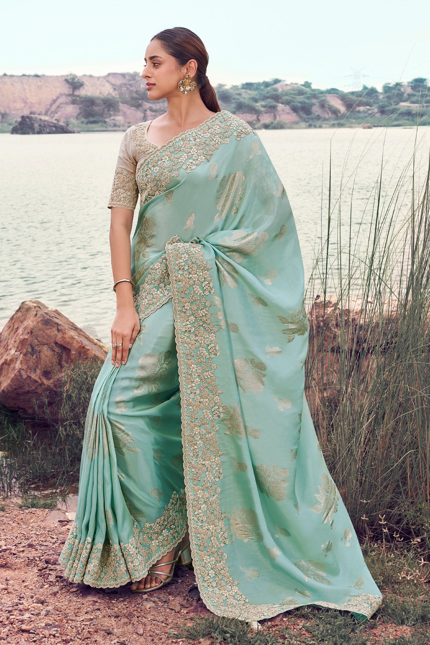 Aqua Blue Embroidered Woven Tissue Silk Saree-SAR11017_1_SareeButa.com