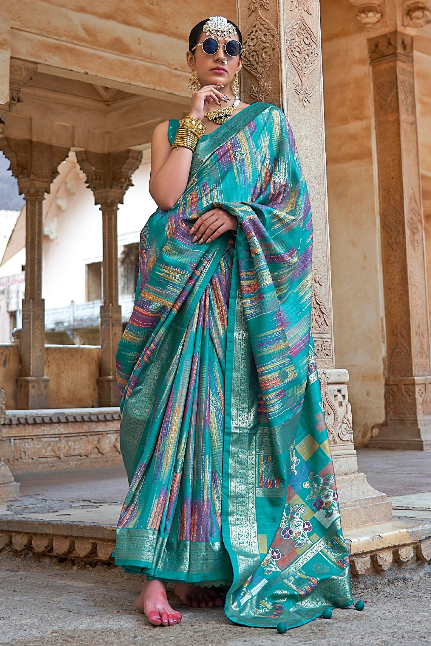 Aqua Blue Printed Patola Silk Saree-SAR11306_1_SareeButa.com