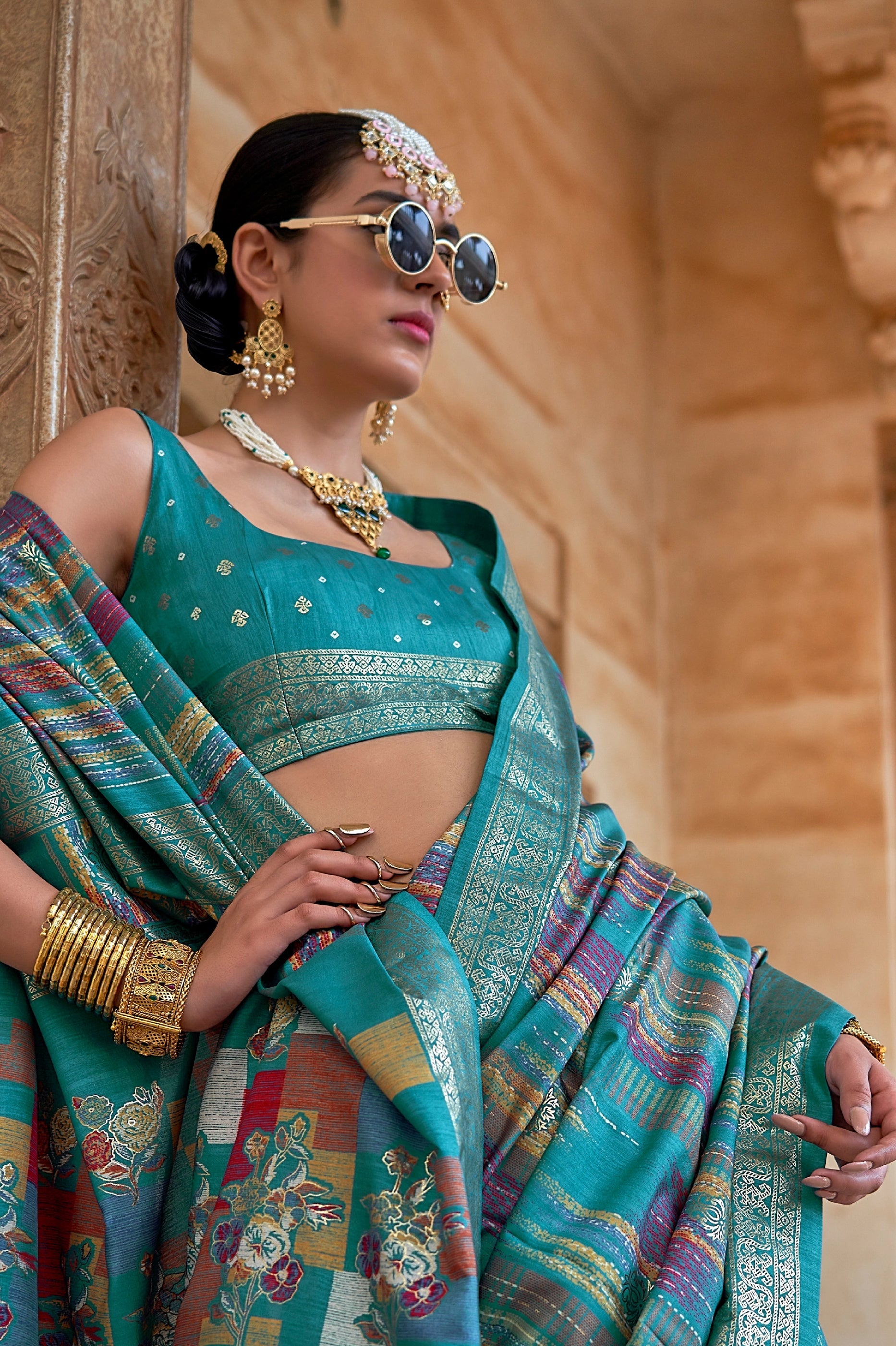 Aqua Blue Printed Patola Silk Saree-SAR11306_2_SareeButa.com