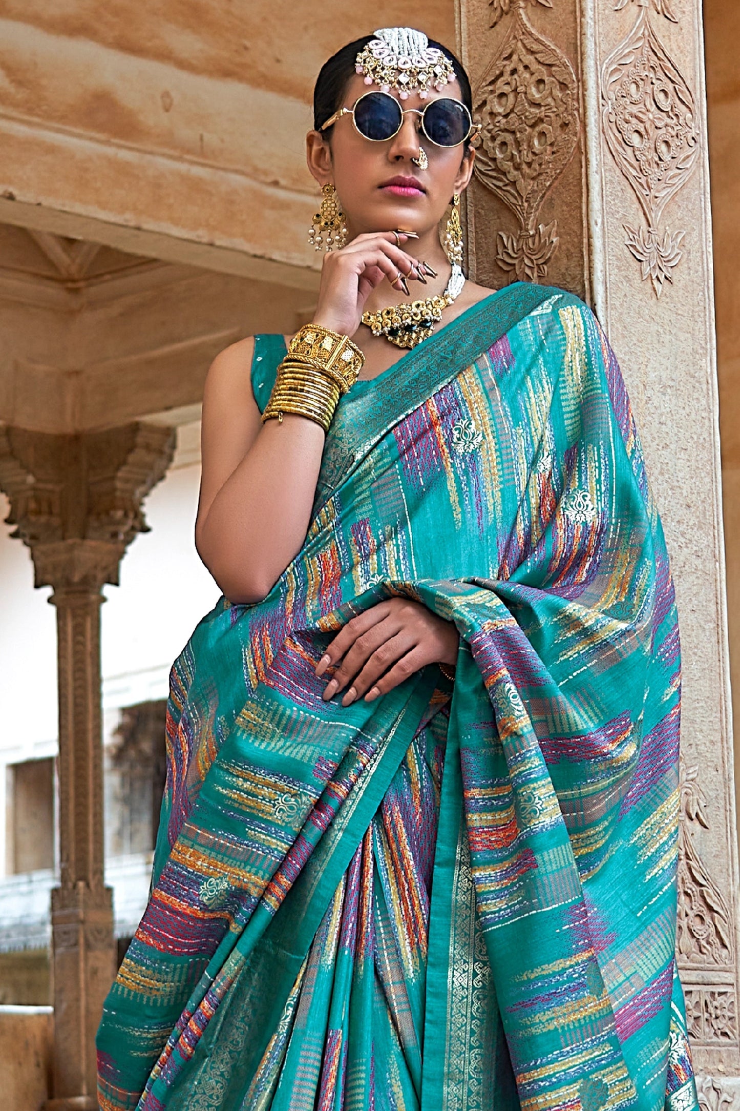 Aqua Blue Printed Patola Silk Saree-SAR11306_3_SareeButa.com