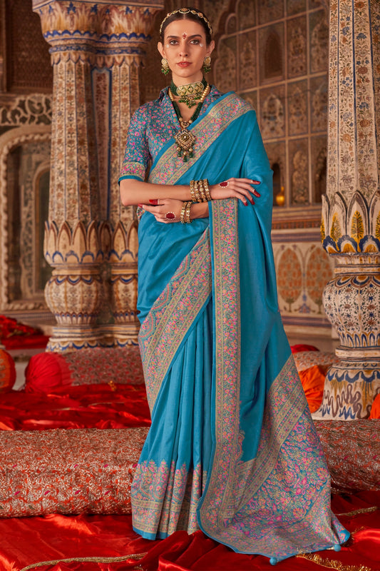 Aqua Blue Printed Silk Saree-SAR11289_1_SareeButa.com