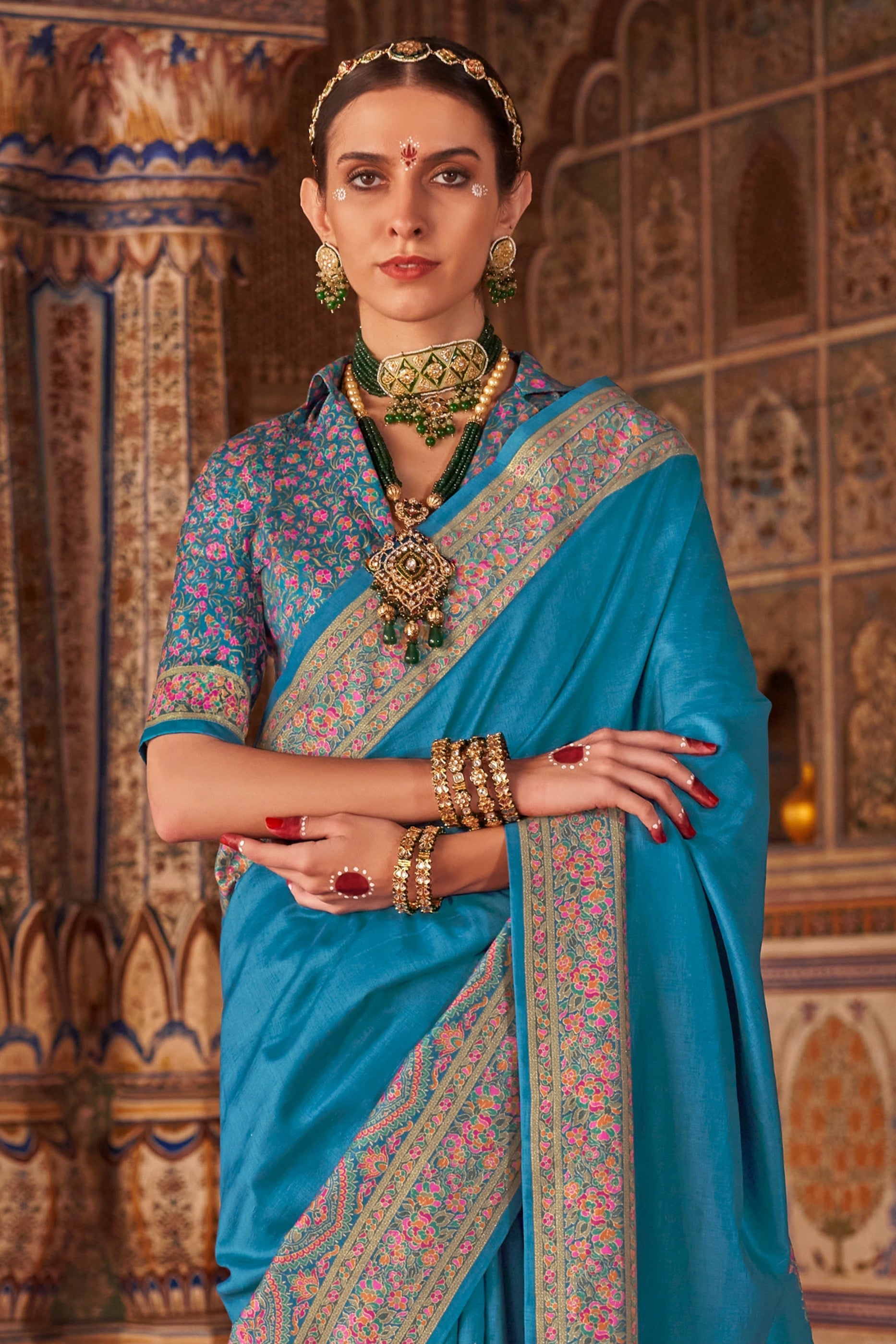 Aqua Blue Printed Silk Saree-SAR11289_3_SareeButa.com