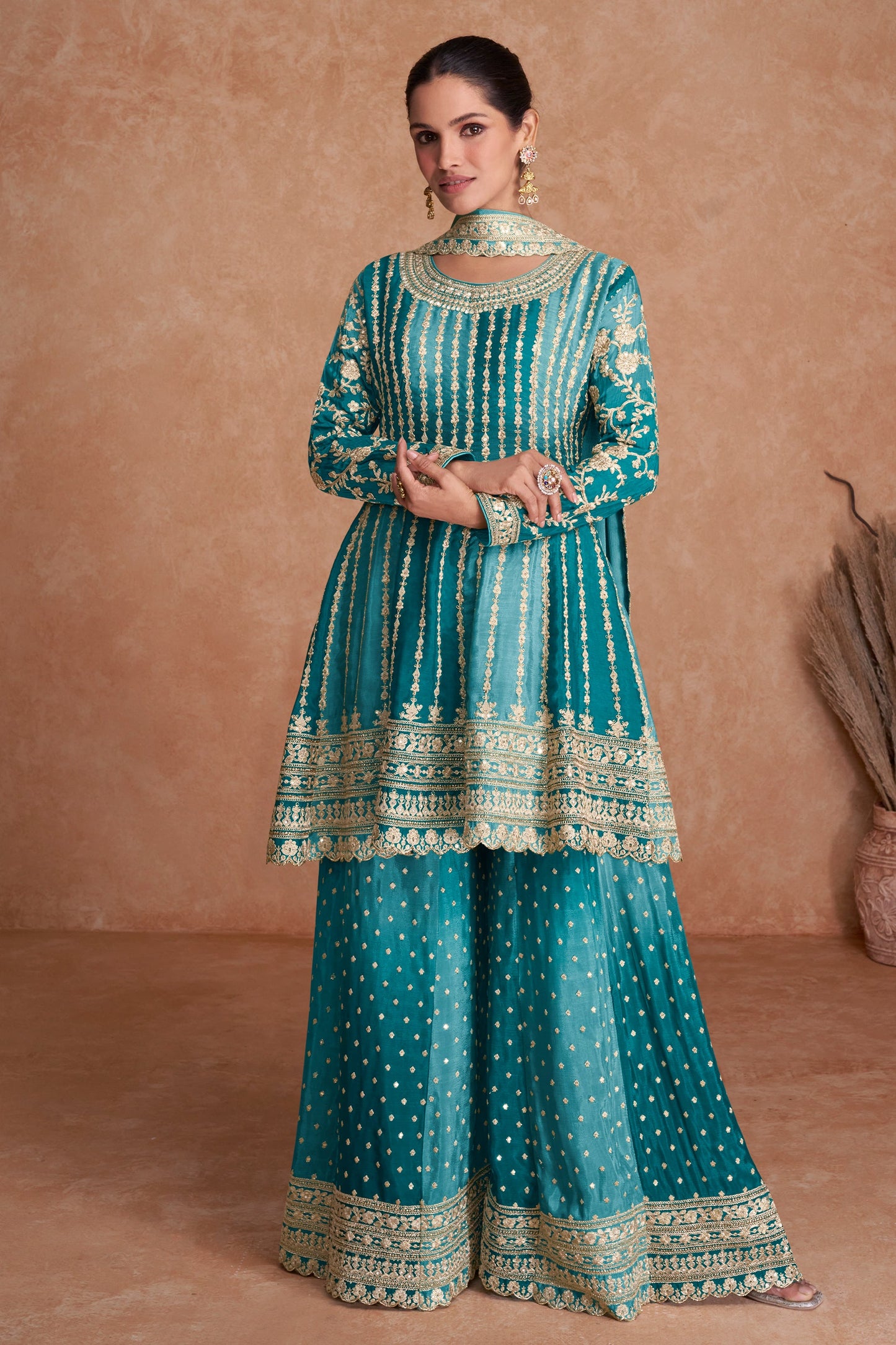 Aqua Blue Readymade Embroidered Chinon A-line Suit-SAR10797_1_SareeButa.com