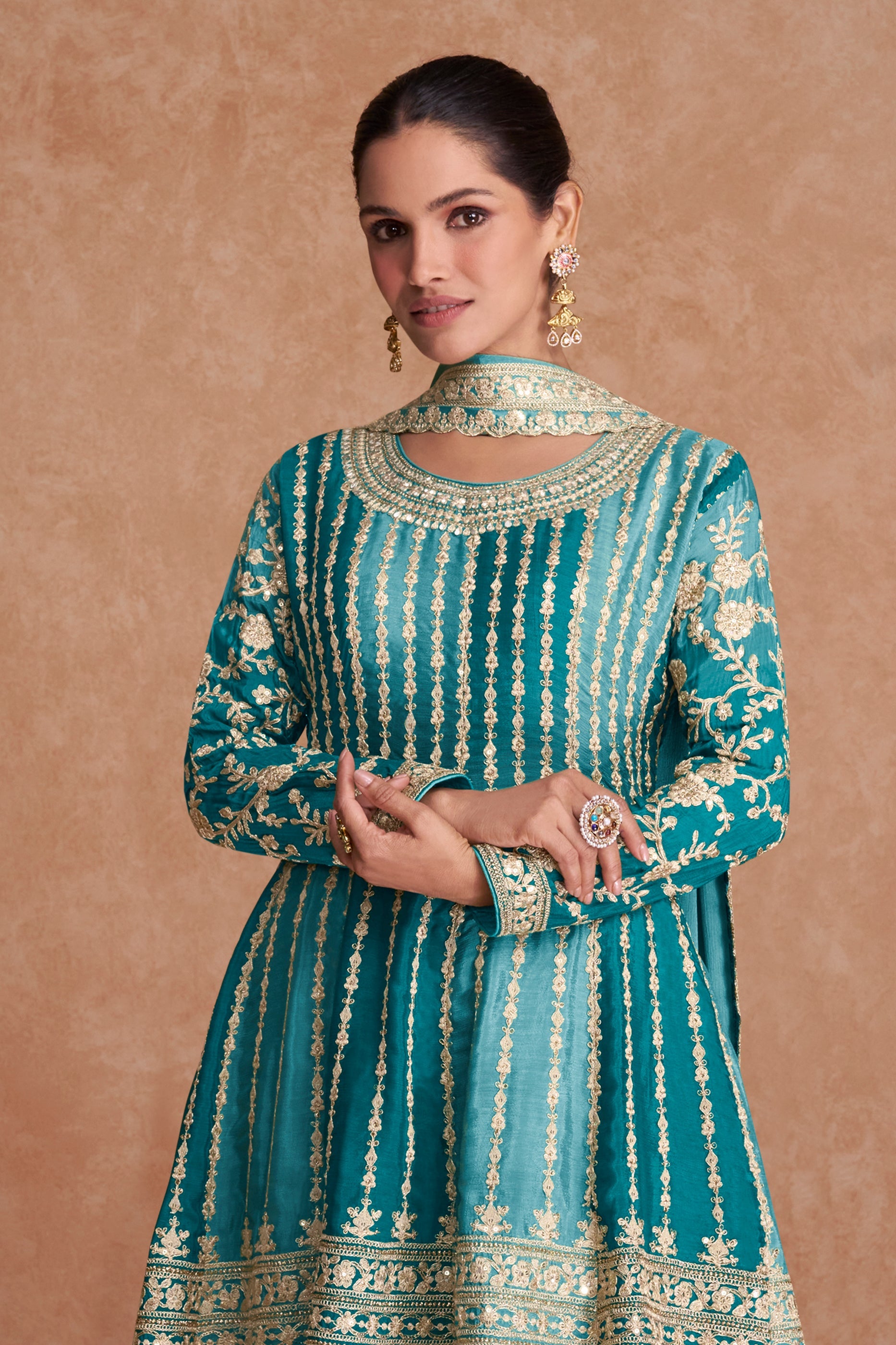 Aqua Blue Readymade Embroidered Chinon A-line Suit-SAR10797_3_SareeButa.com