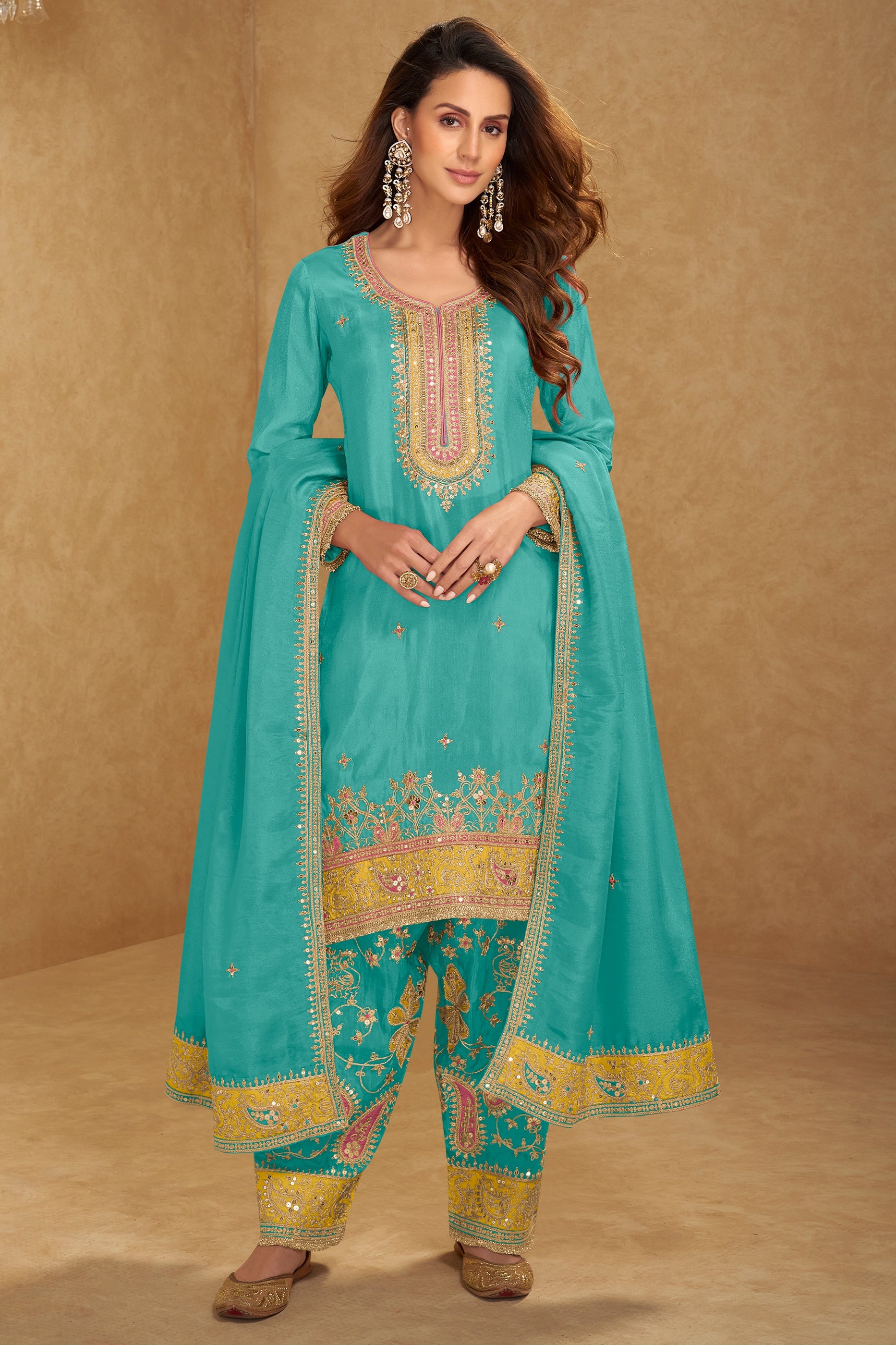 Aqua Blue Readymade Embroidered Simar Silk Suit-SAR10657_1_SareeButa.com