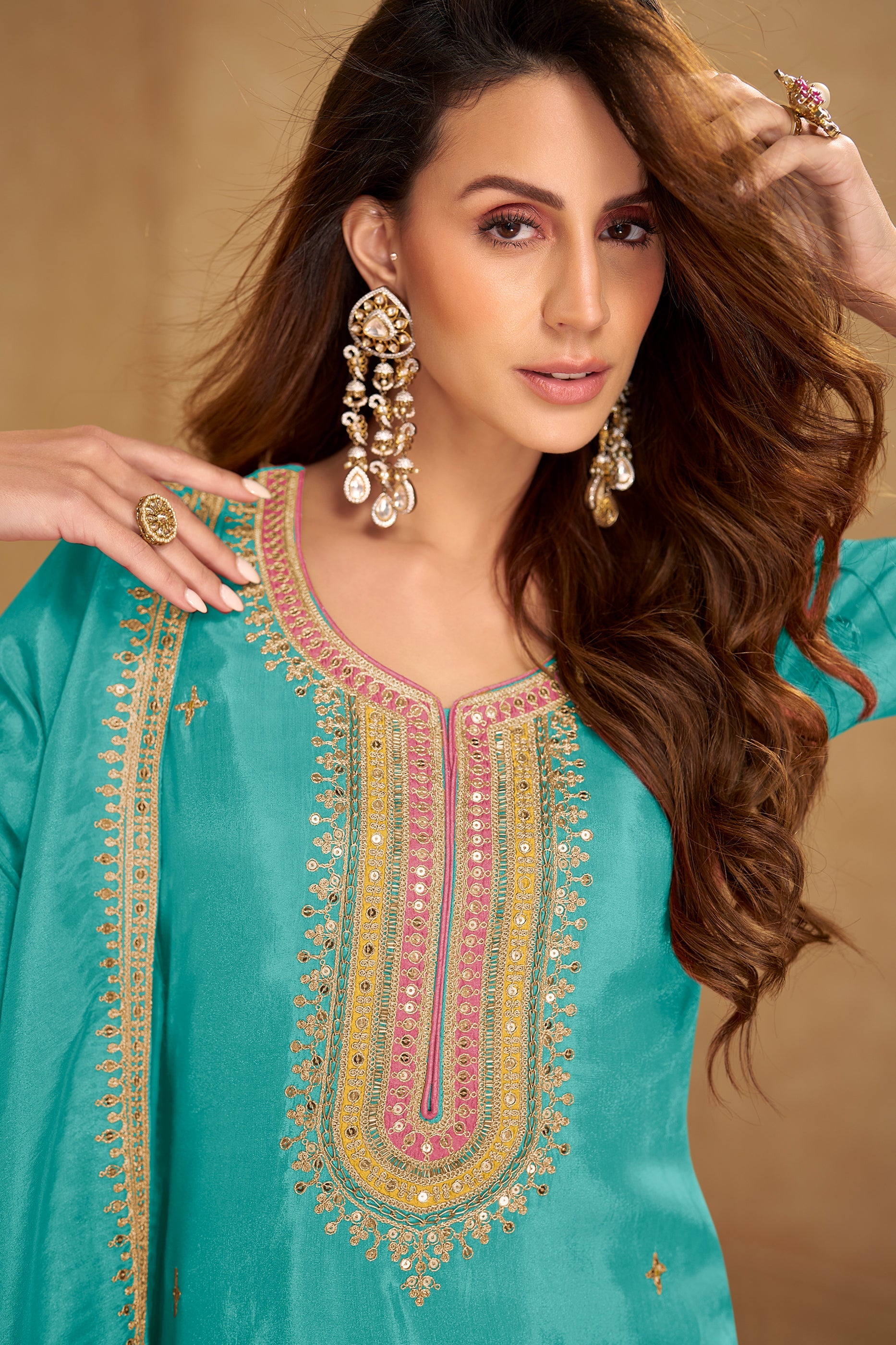 Aqua Blue Readymade Embroidered Simar Silk Suit-SAR10657_2_SareeButa.com