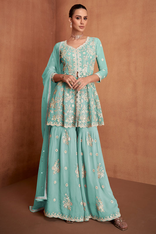 Aqua Blue Readymade Georgette Sharara Suit-SAR12139_1_SareeButa.com