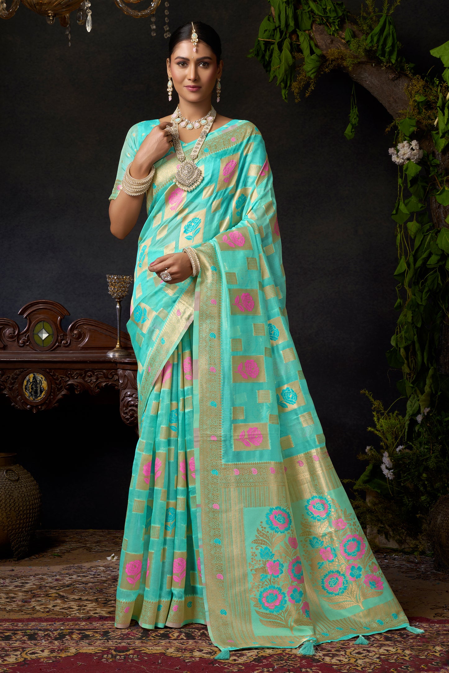 Aqua Blue Woven Organza Saree-SAR12615_1_SareeButa.com